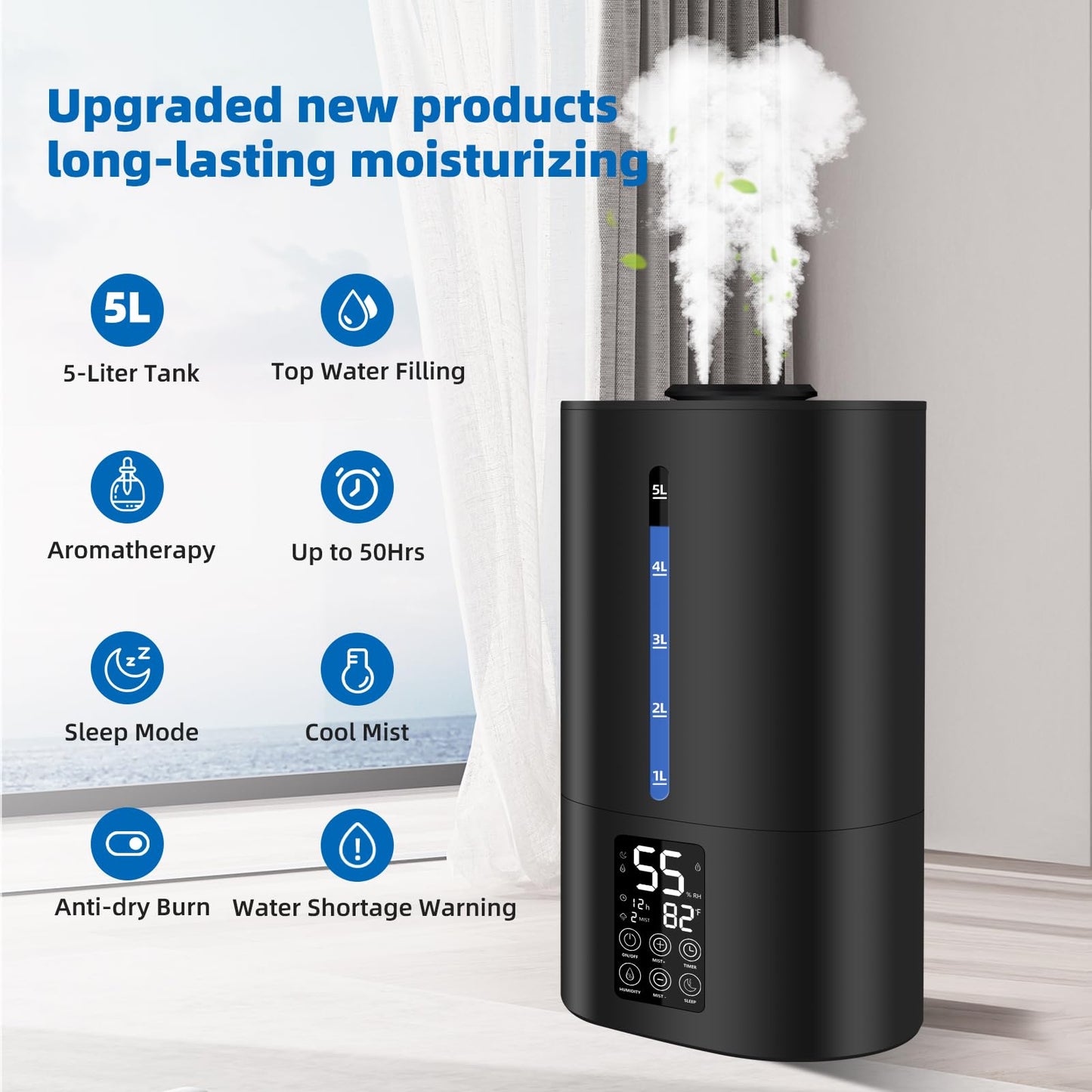 6L Humidifiers for Bedroom Large Room Home, Cool and Warm for Baby and Plants Mist Top Fill Desk Humidifiers Essential Oil Diffuser, Quiet with Adjustable Mist,360°Nozzle-Black