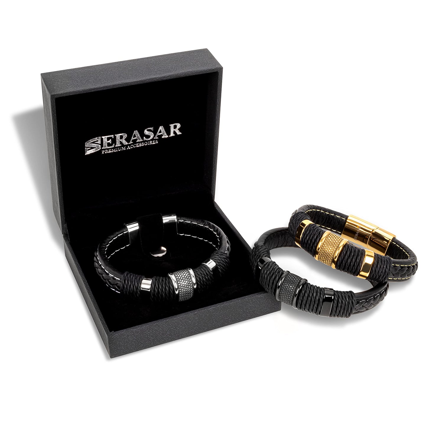 SERASAR Premium Leather Bracelet Men | Stainless Steel Magnetic Clasp | Three Colors | Jewelry Box Included