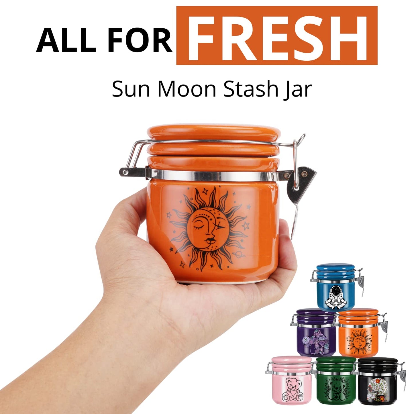 Sun Moon Stash Container Half Oz (250ml), Ceramic Cute Stash Jar Containers w/Clamp Lid, Mystical Celestial Aesthetic Decorative Jar Storage - Double Sealed Airtight Herbs Fresh Jar -Orange