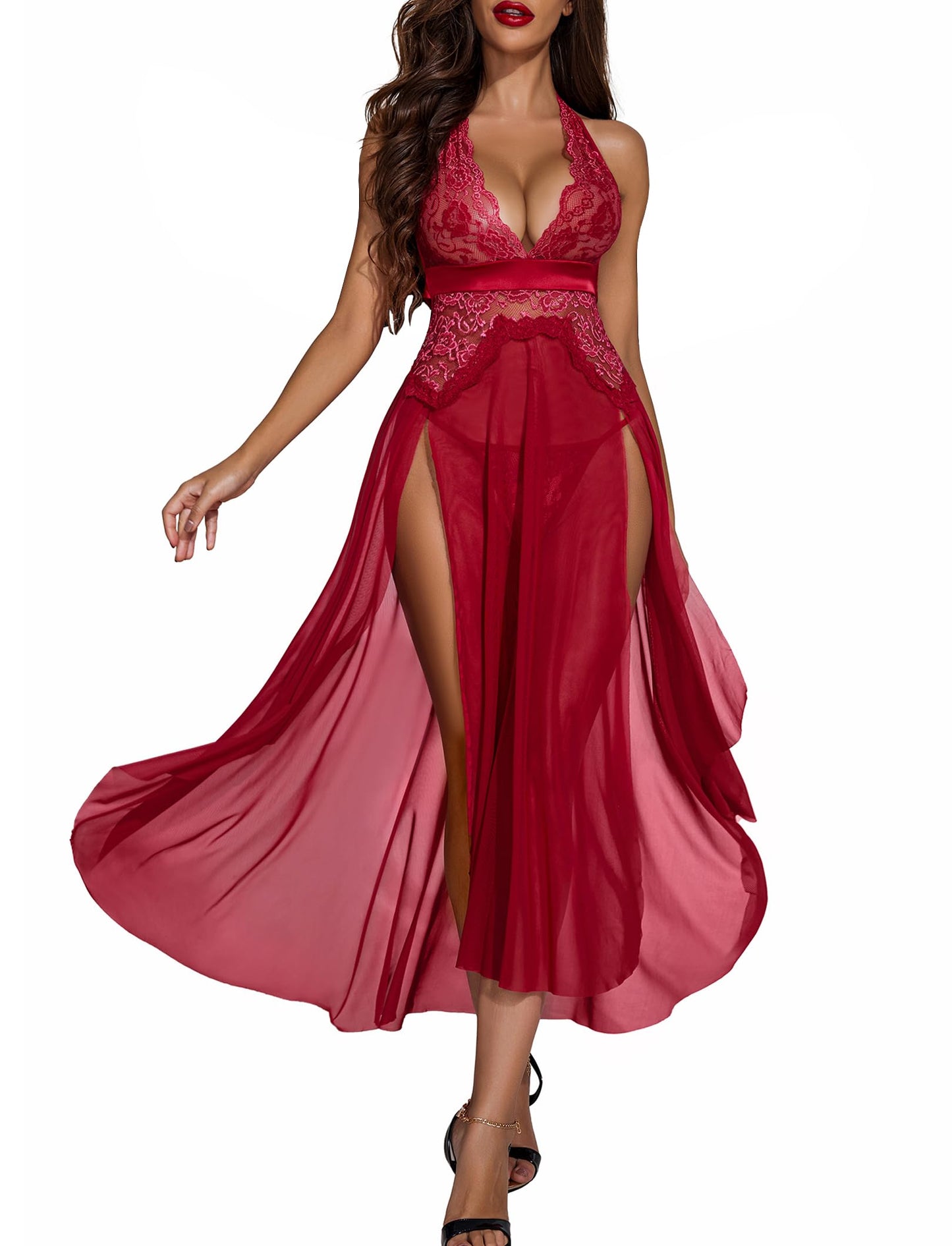 Avidlove Women Lingerie Deep V Neck Nightwear One Piece Sexy Nightgowns Mosaic Lace Mesh Dress