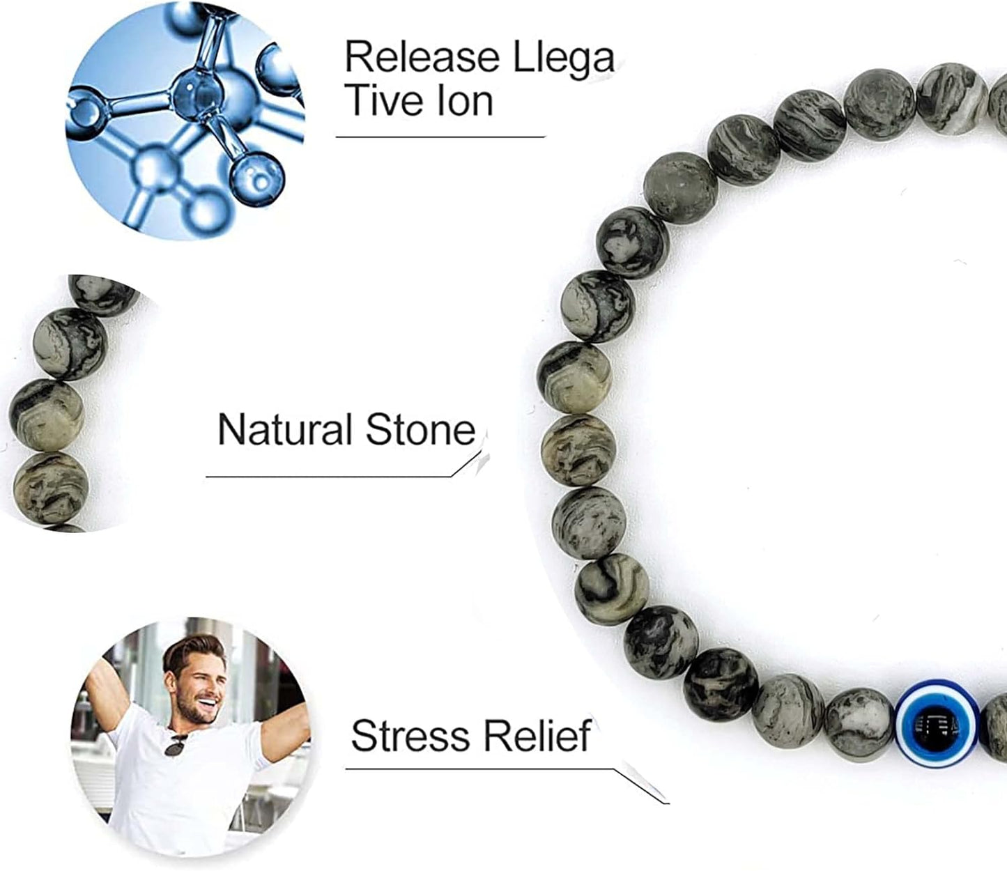 Natural Stone Agate Elastic Evil Eye Bracelet Kit with Charms Adjustable for Men Boyfriend for Gift Boys Stretch Bracelet for son Gifts 6mm