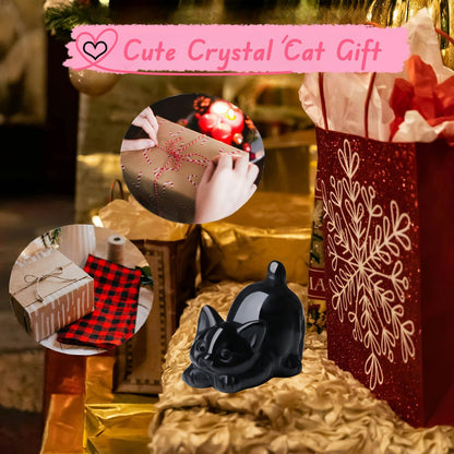 Black Obsidian Cat Statue Crystals and Healing Stones Cat Carved Room Home Decor Figurines for Office Lazy Sculpture Stone Crystal Desk Cute Art Decoration Gemstones Gifts for Cat Lovers Women