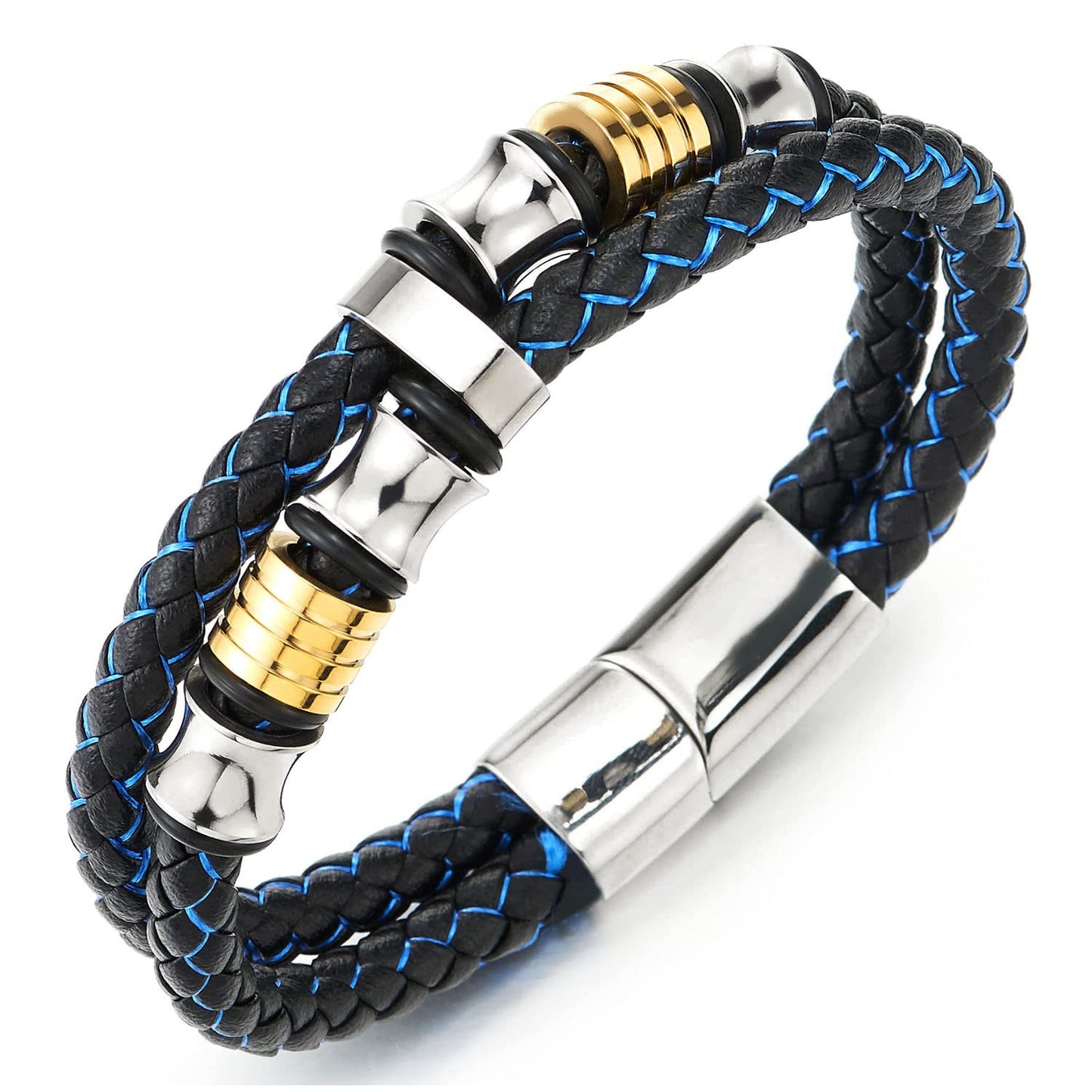 COOLSTEELANDBEYOND Mens Double-Row Braided Leather Bracelet Bangle Wristband with Stainless Steel Ornaments