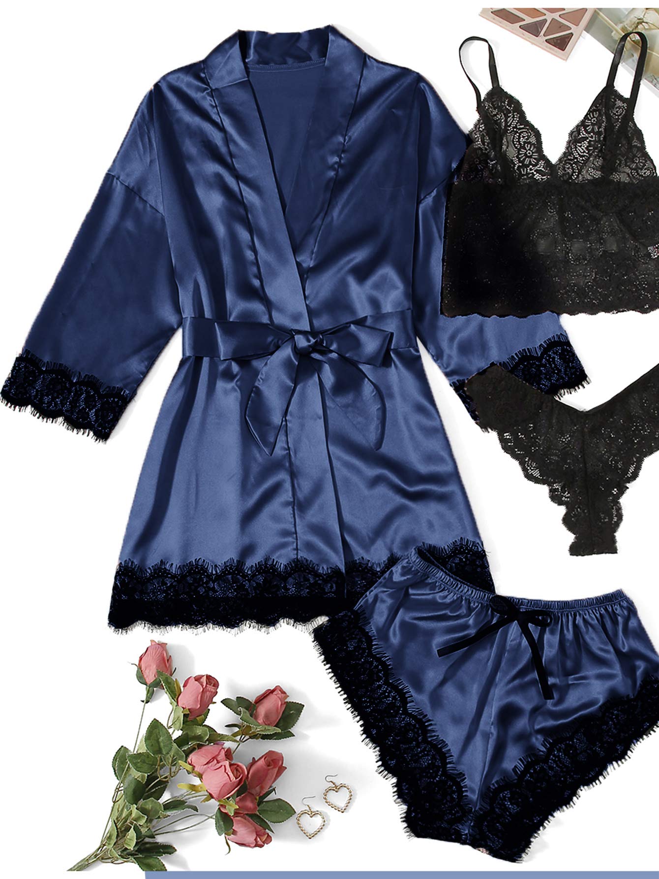 WDIRARA Women' Silk Satin Pajamas Set 4pcs Lingerie Floral Lace Cami Sleepwear with Robe