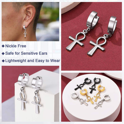 FaithHeart Huggie Hoop Earrings for Women-Stainless Steel/18K Gold Plated Dangling Drop Earring Ankh/Cross/Padlock/Italian Horn/Eye/Key Hoops Jewelry