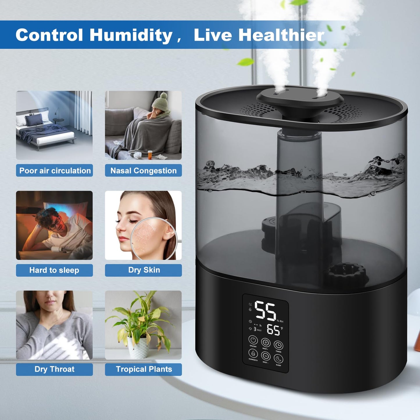 6L Humidifiers for Bedroom Large Room Home, Cool and Warm for Baby and Plants Mist Top Fill Desk Humidifiers Essential Oil Diffuser, Quiet with Adjustable Mist,360°Nozzle-Black