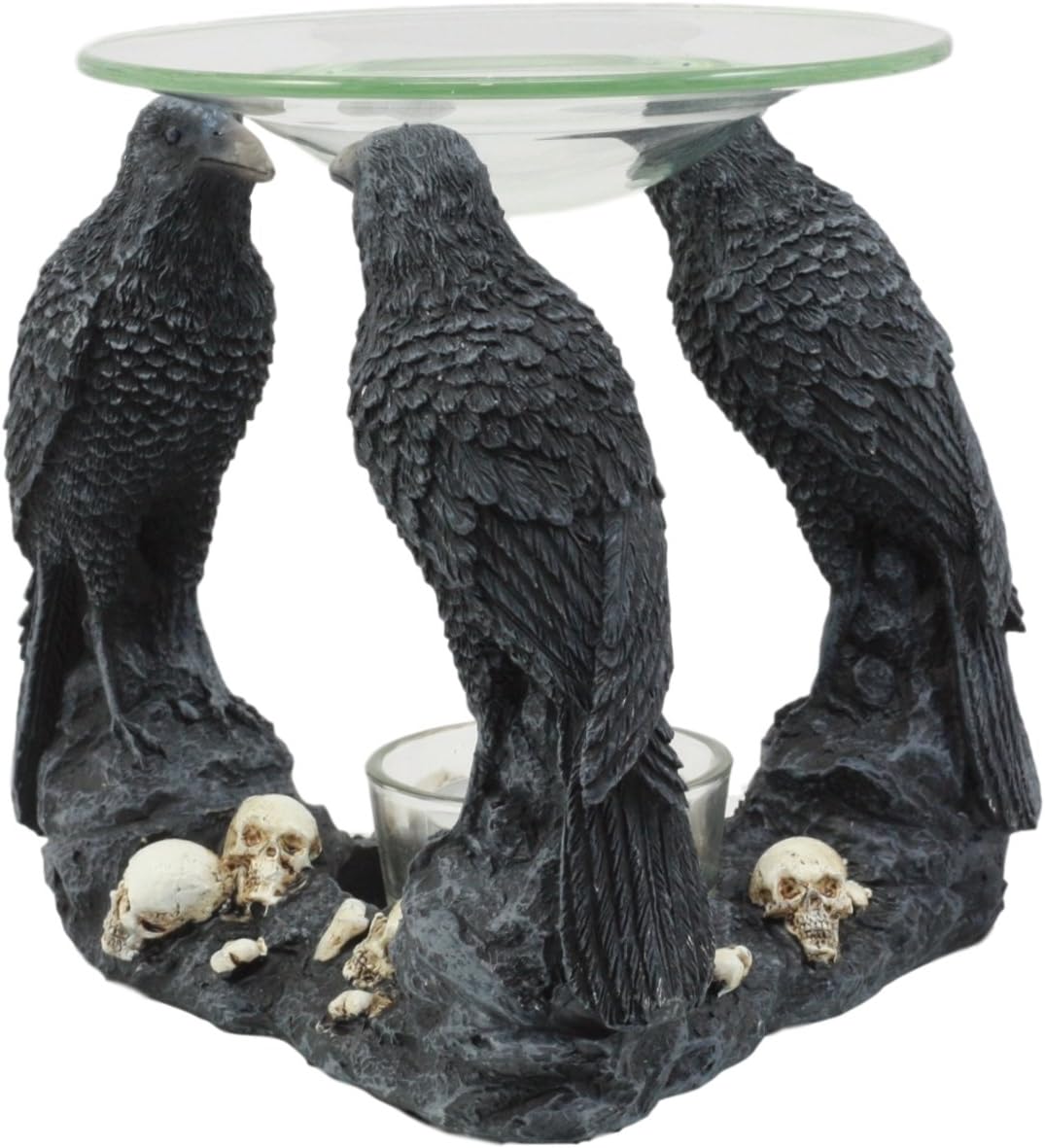 Ebros Macabre Nevermore Skull Graveyard with Three Ravens Oil Warmer Statue Wax Tart Burner Aroma Scent Diffuser Resin Three Eyed Raven Gothic Themed Tea Light Candle Holder Decorative Figurine