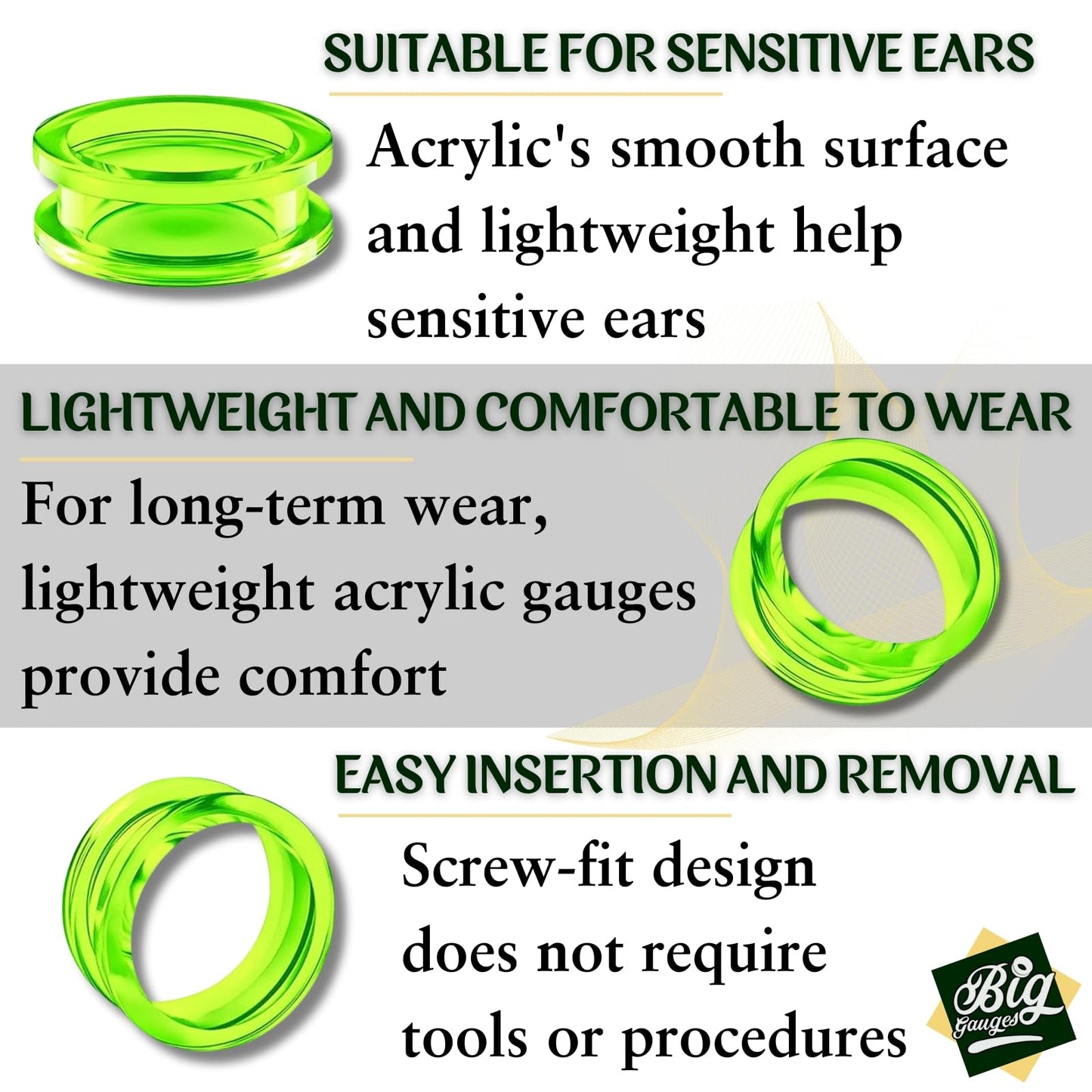 Pair of Green Acrylic flesh Tunnels External Piercing Jewelry Stretcher Screw-fit Ear Plugs Earring Lobe