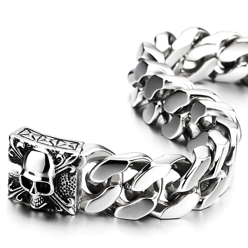 COOLSTEELANDBEYOND Mens Large Vintage Brushed Finishing Steel Curb Chain Bracelet with Fleur De Lis and Skull