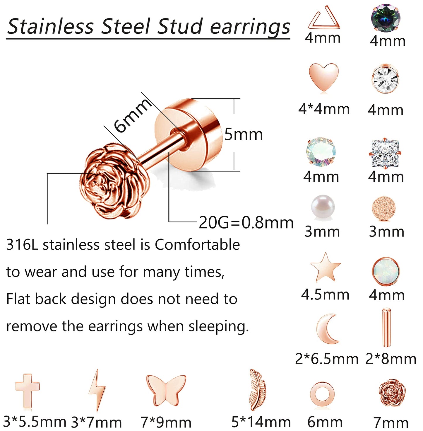 18 Pairs Stainless Steel Stud Earrings Set for Women Men Star Moon flower Heart Leaf Opal 20G Cartilage Earrings Hypoallergenic Flatback Earrings Piercing Jewelry