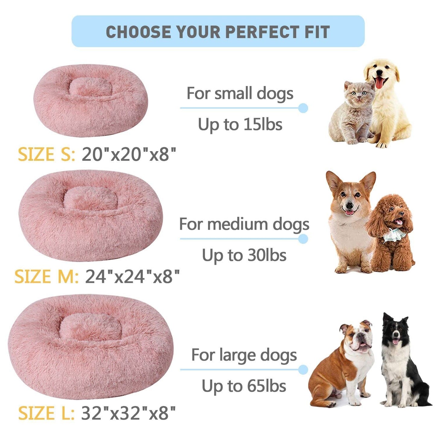 Dog Bed Calming Cat and Dog Beds, 20 inches Beige Cat Bed, Black/Pink/Beige Puppy Bed,Original Calming Donut Cat and Dog Bed in Shag Fur– Machine Washable, Anti Slip Waterproof Bottom