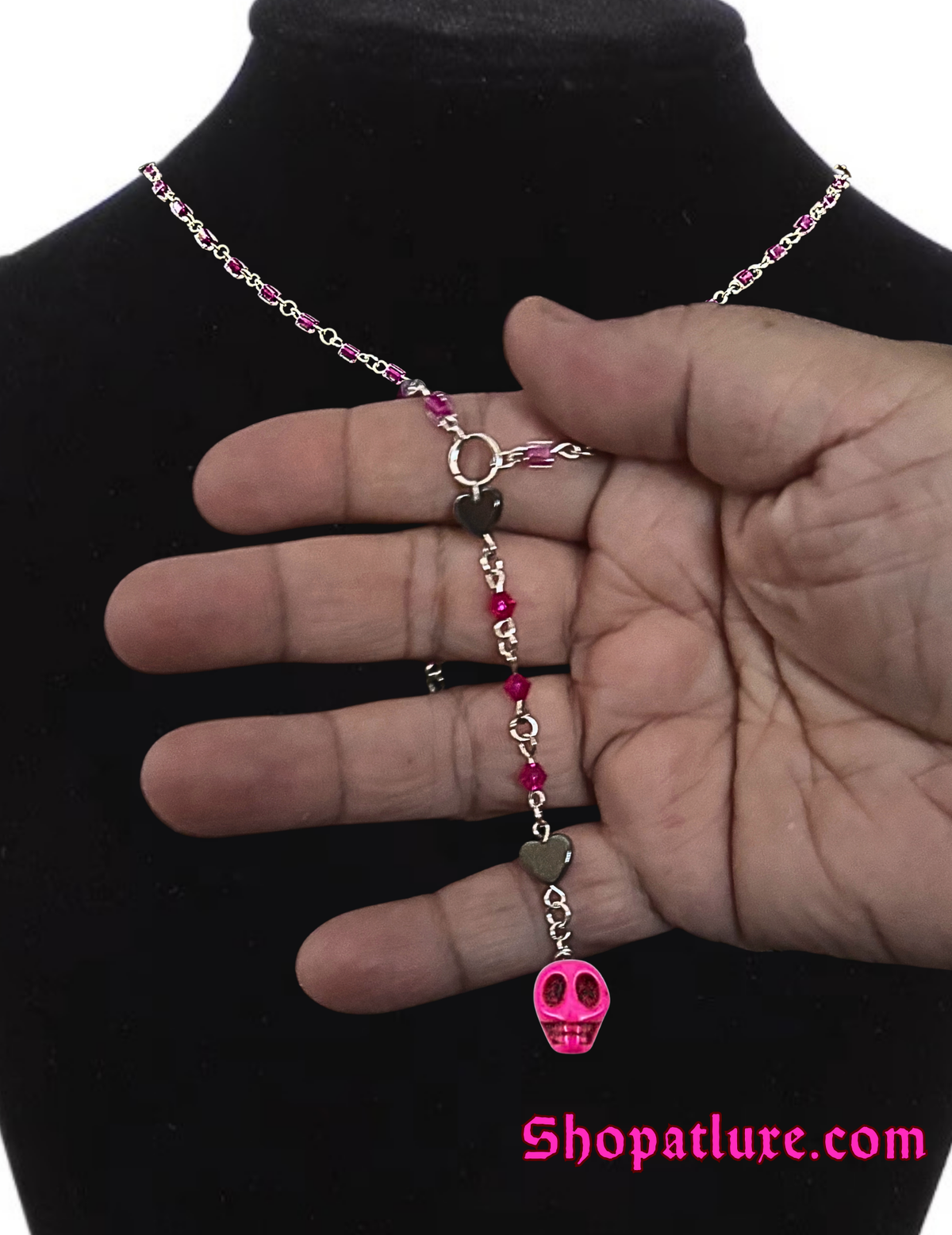 Pink Skull Hand Beaded Lariat Necklace