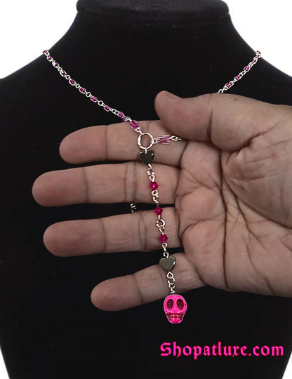 Pink Skull Hand Beaded Lariat Necklace