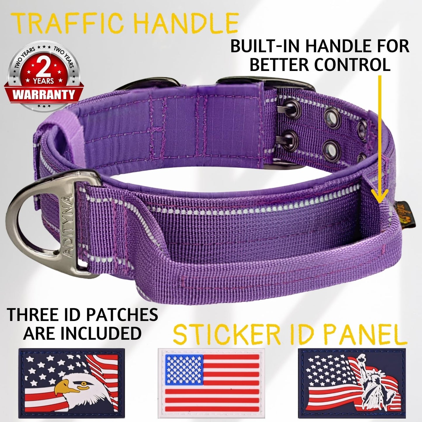 ADITYNA - Heavy Duty Dog Collar with Handle - Thick Dog Collar for Large Dogs - Wide, Reflective, Tactical, Soft Neoprene Padded - Perfect Dog Collar for Training and Walking