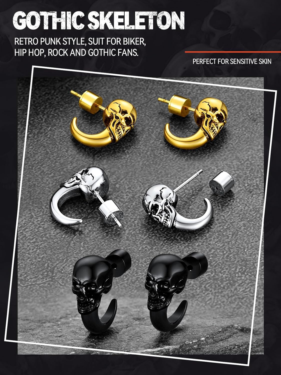 FaithHeart Punk Skull Earrings Stainless Steel/18K Gold Plated Gothic Skeleton Stud/Hoop Earrings for Women Man with Gift Packaging