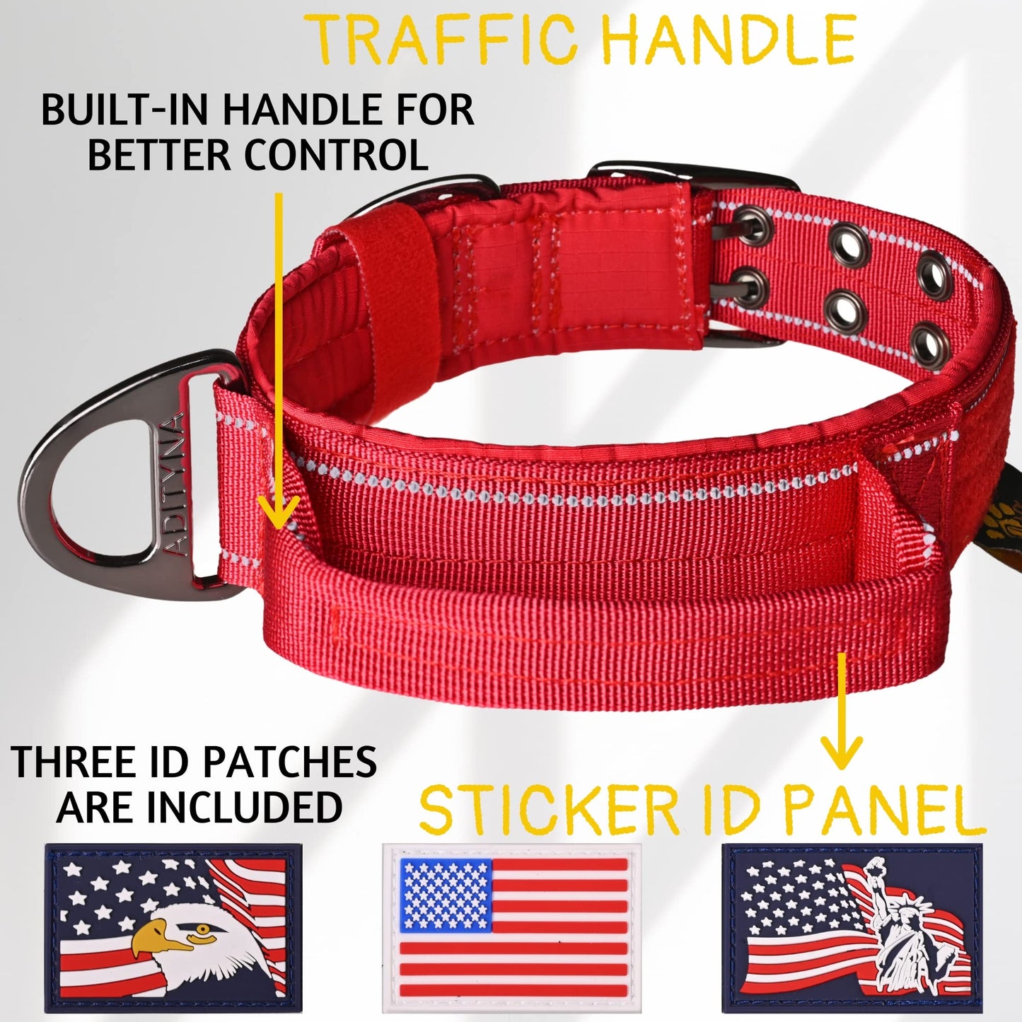 ADITYNA - Heavy Duty Dog Collar with Handle - Thick Dog Collar for Large Dogs - Wide, Reflective, Tactical, Soft Neoprene Padded - Perfect Dog Collar for Training and Walking