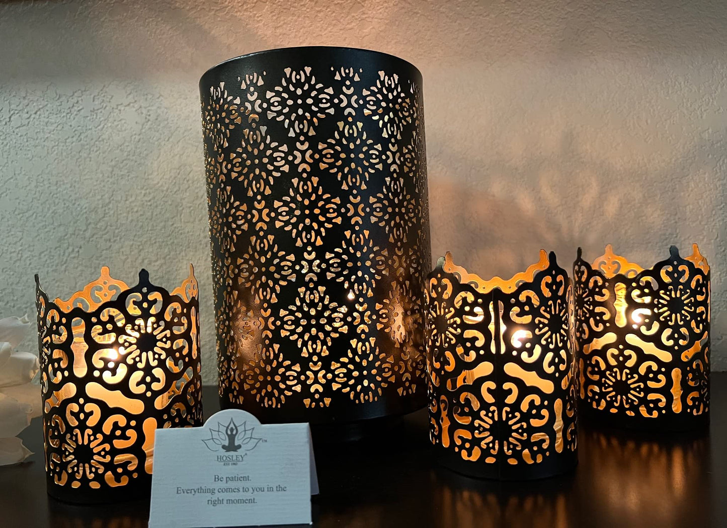 Hosley 4.5" High Black (Gold Inside) Metal Jar Holder Candle Sleeve. Candle Holder, Votive, Tea Light Lanterns Use with Tealights. Ideal Gift for Weddings, Parties, Spa and Aromatherapy O6