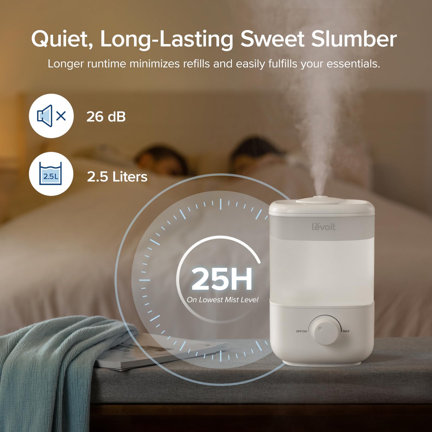 LEVOIT Humidifiers for Bedroom, Quiet (3L Water Tank) Cool Mist Top Fill Essential Oil Diffuser with 25Watt for Home Large Room, 360° Nozzle, Rapid Ultrasonic Humidification for Baby Nursery and Plant