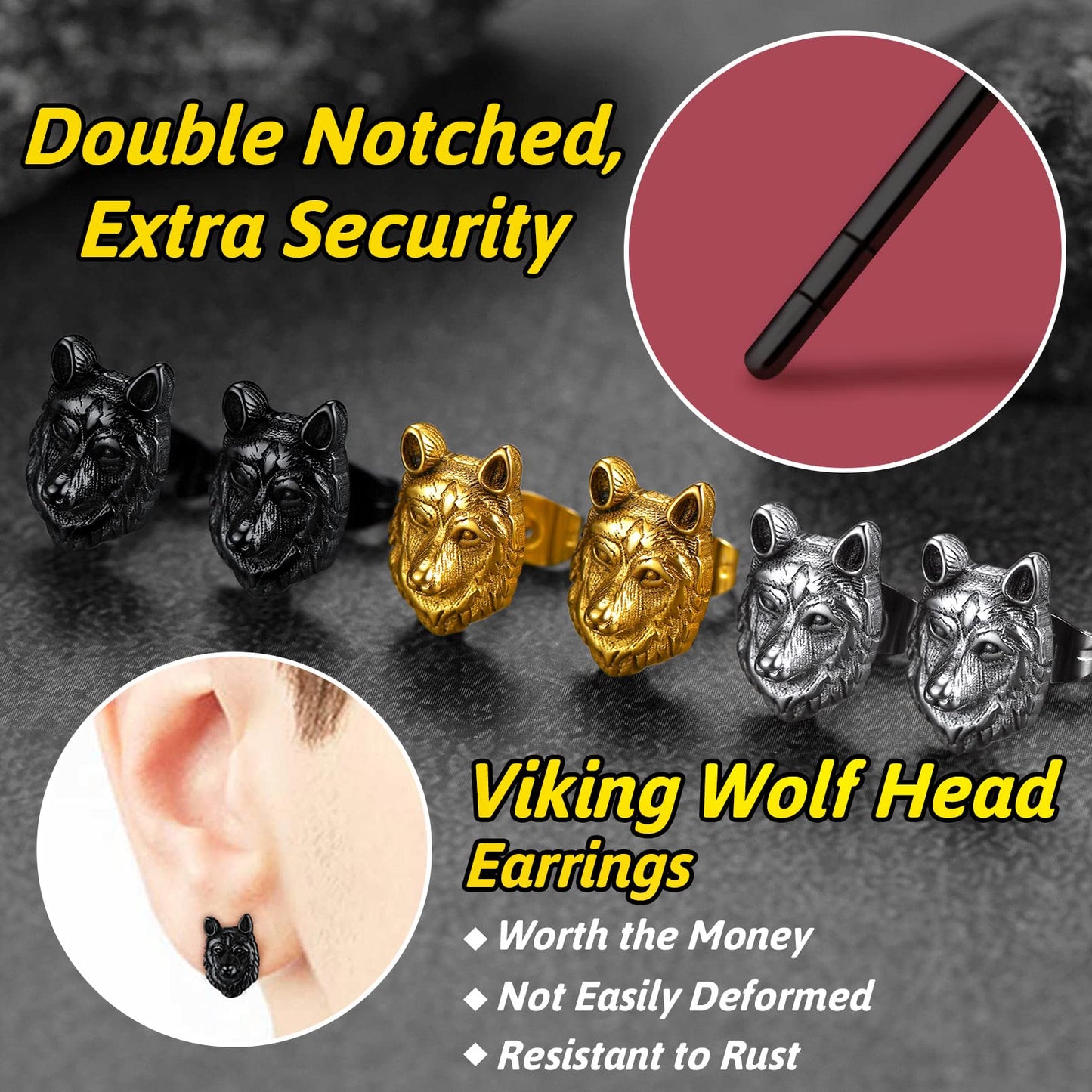 FaithHeart Norse Viking Jewelry Sterling Silver/Stainless Steel Stud Earrings Celtic Wolf/Thors Hammer Studs for Women Men