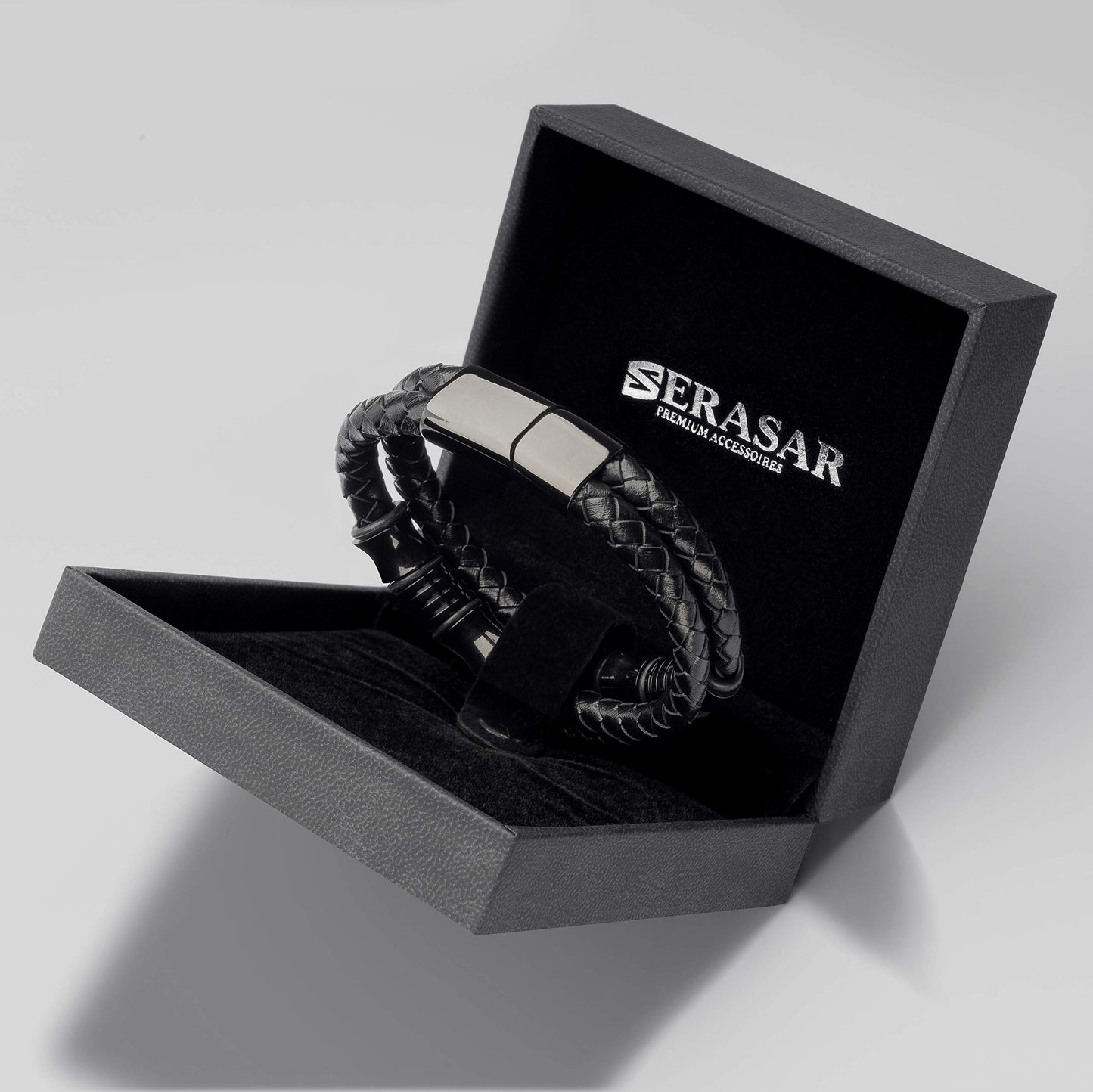 SERASAR Premium Leather Bracelet Men | Stainless Steel Magnetic Clasp | Three Colors | Jewelry Box Included