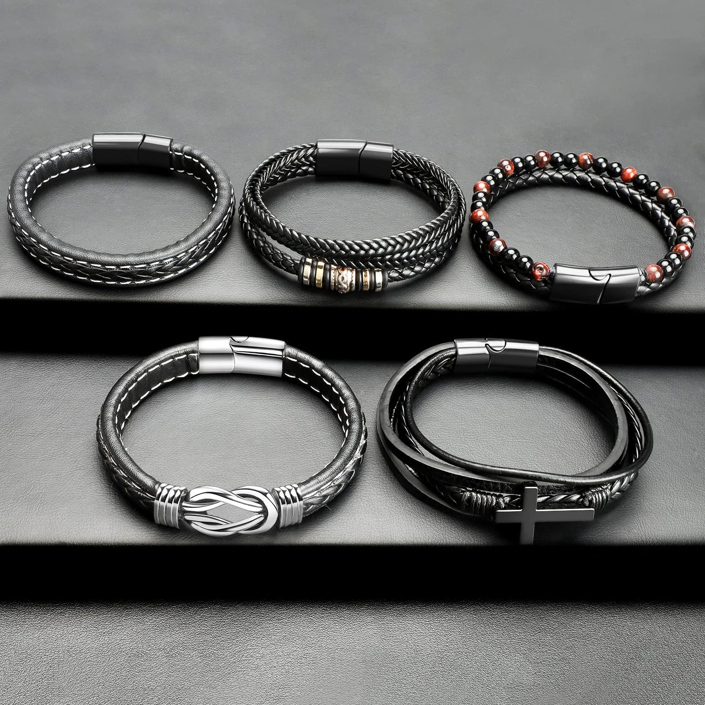 Black Leather Bracelets for Men Women 5pcs Mens Bracelet Leather and Steel Braided Cuff Bracelets