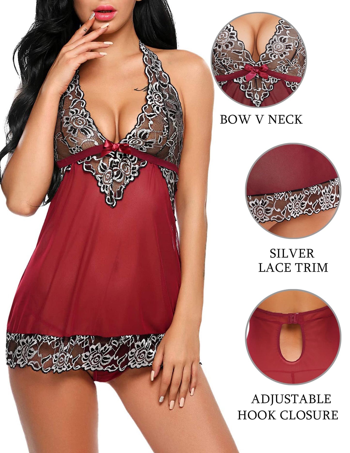 Avidlove Women V-Neck Lingerie Lace Babydoll Mesh Chemise Nightwear Outfits S-4XL