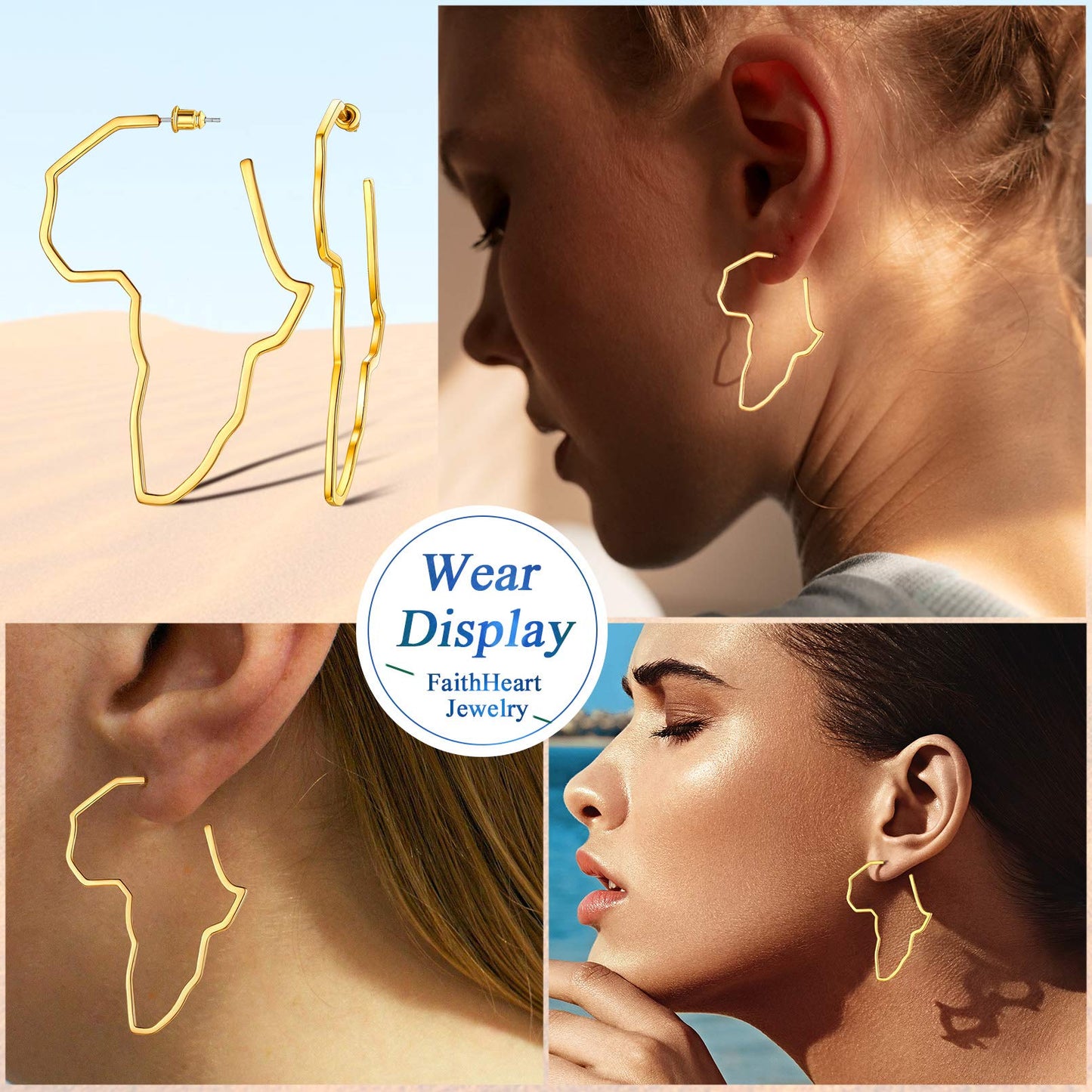 FaithHeart African Map Shaped Drop Earrings Stainless Steel/18K Gold Plated Statement Africa Jewelry Ear Charms for Women Teen Girls