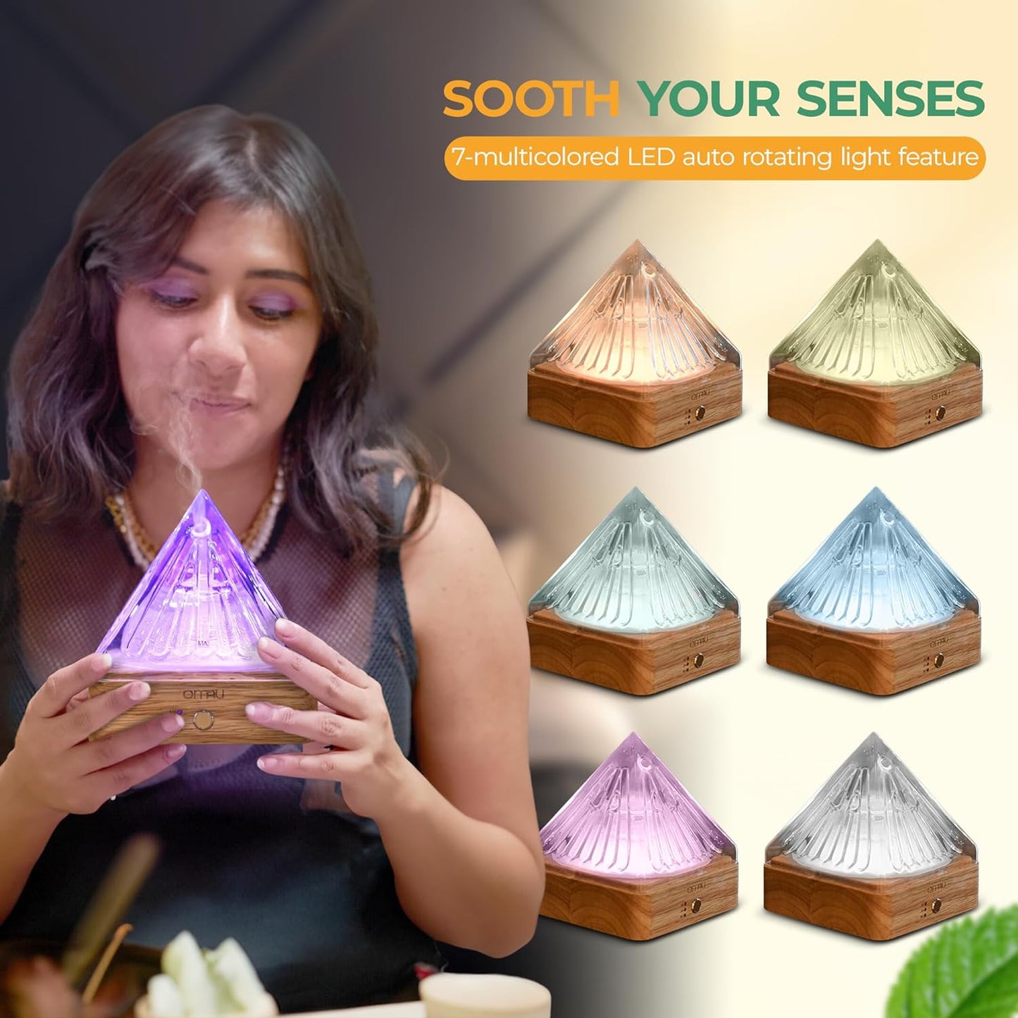 Glass Pyramid Essential Oil Diffuser with Glass Reservoir & Wood Base, Plastic Free Scent Oil Diffusers, 200ml Ultrasonic Glass Diffuser for Aromatherapy Cool Mist Humidifier for Home Gift