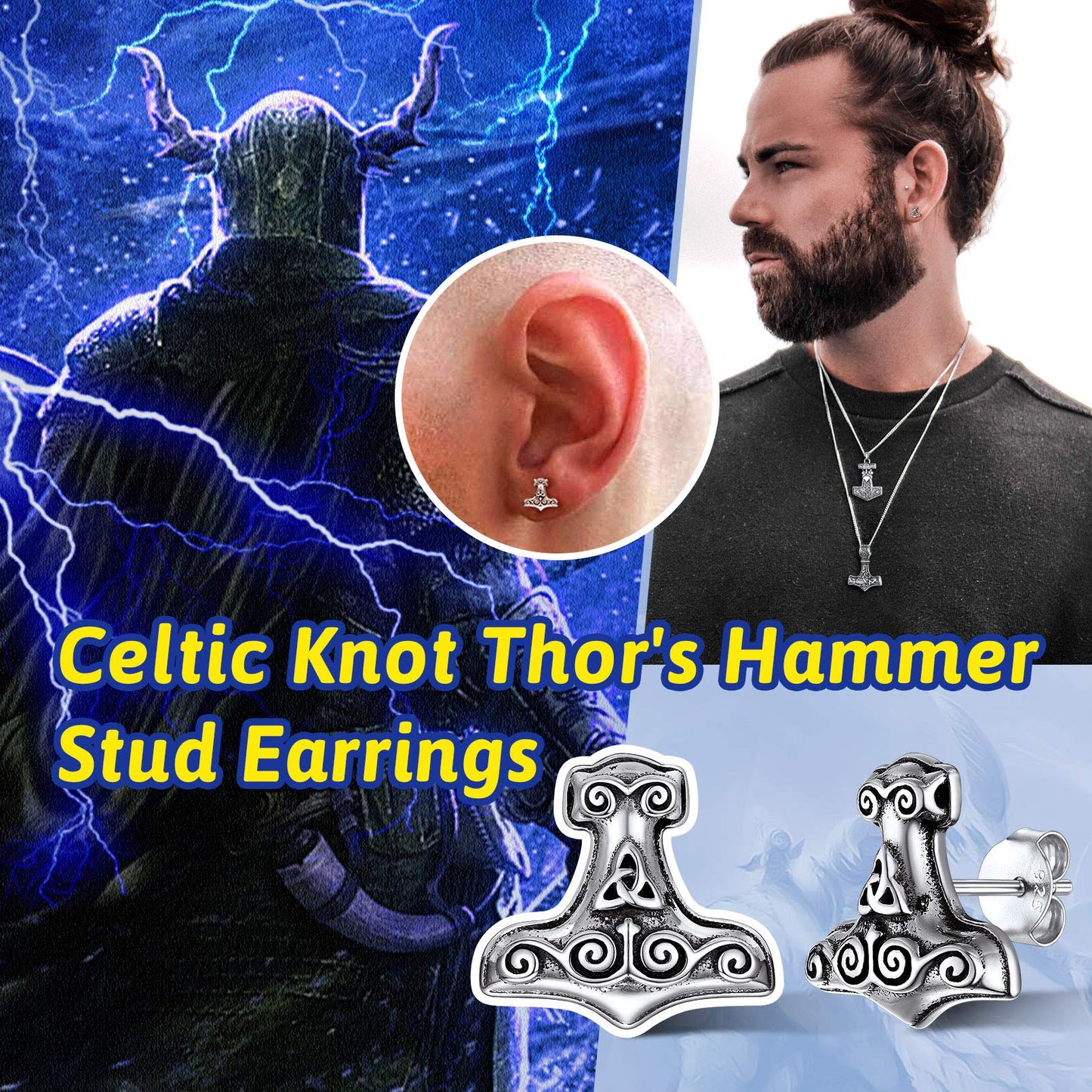 FaithHeart Norse Viking Jewelry Sterling Silver/Stainless Steel Stud Earrings Celtic Wolf/Thors Hammer Studs for Women Men