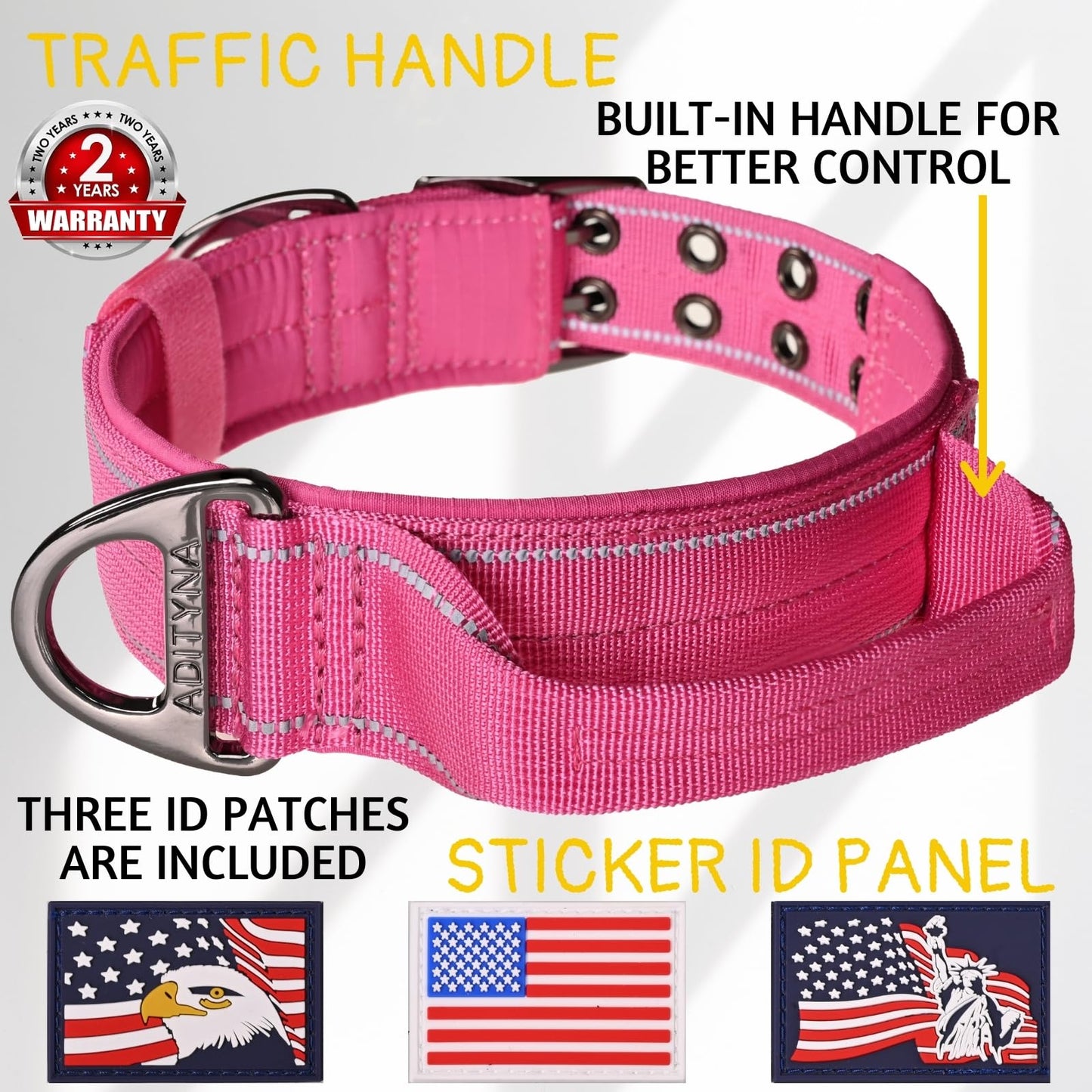 ADITYNA - Heavy Duty Dog Collar with Handle - Thick Dog Collar for Large Dogs - Wide, Reflective, Tactical, Soft Neoprene Padded - Perfect Dog Collar for Training and Walking