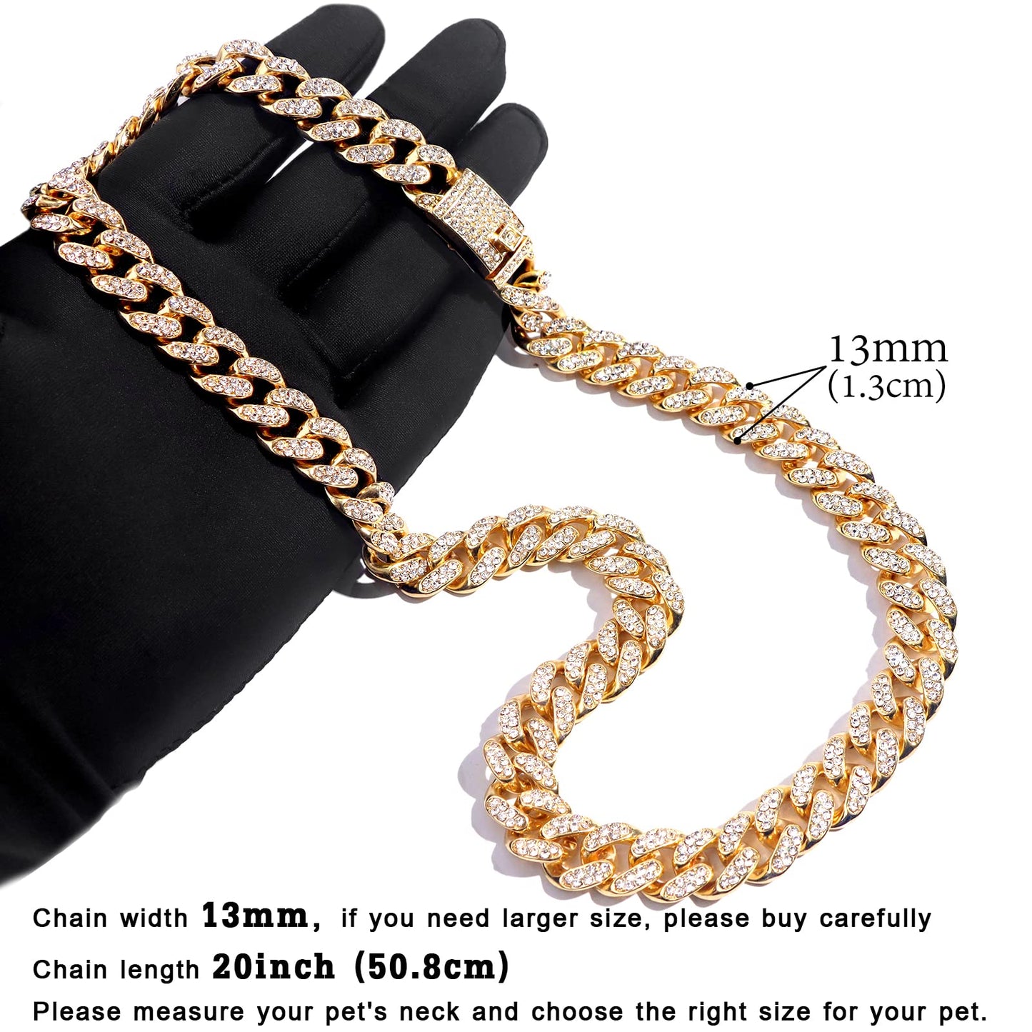 Cuban Link Dog Collar Gold Silver Color Metal Chain Diamond Pet Collars for Dogs Cats Jewelry 8/10/14/16/18/20/24/28 Inch (16inch, Gold)