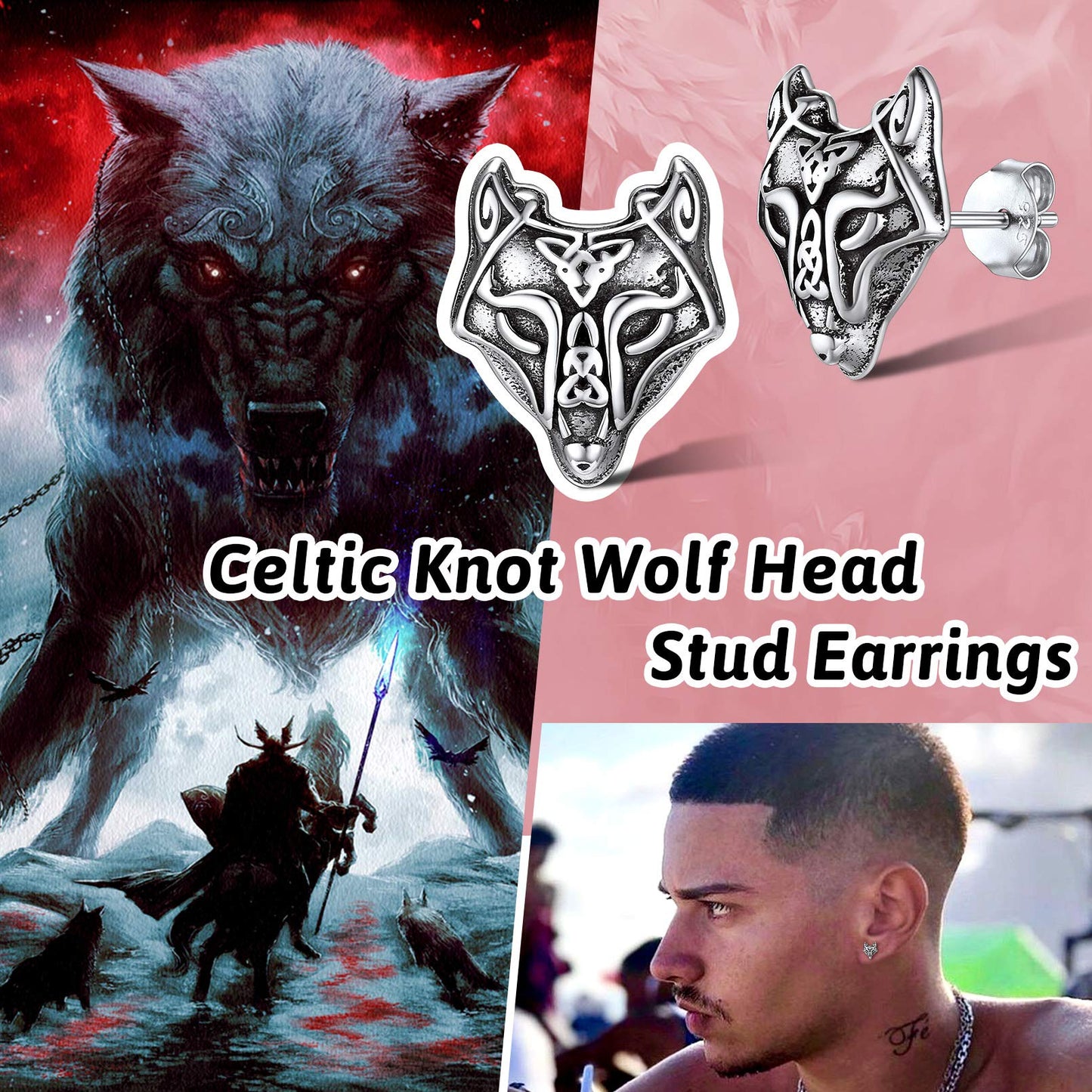 FaithHeart Norse Viking Jewelry Sterling Silver/Stainless Steel Stud Earrings Celtic Wolf/Thors Hammer Studs for Women Men