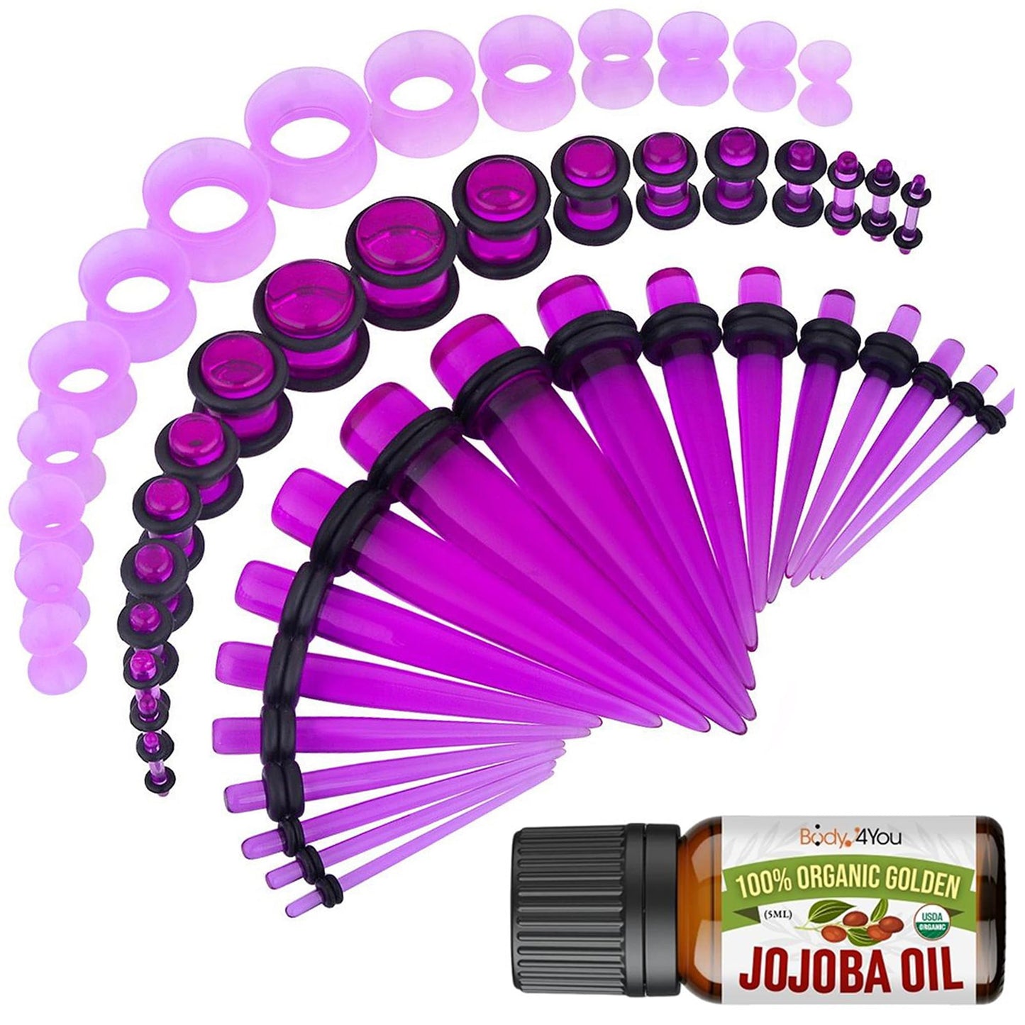 BodyJ4You 54PC Ear Stretching Kit 14G-12mm - Aftercare Jojoba Oil - Acrylic Plugs Gauge Tapers Silicone Tunnels - Lightweight Expanders Men Women