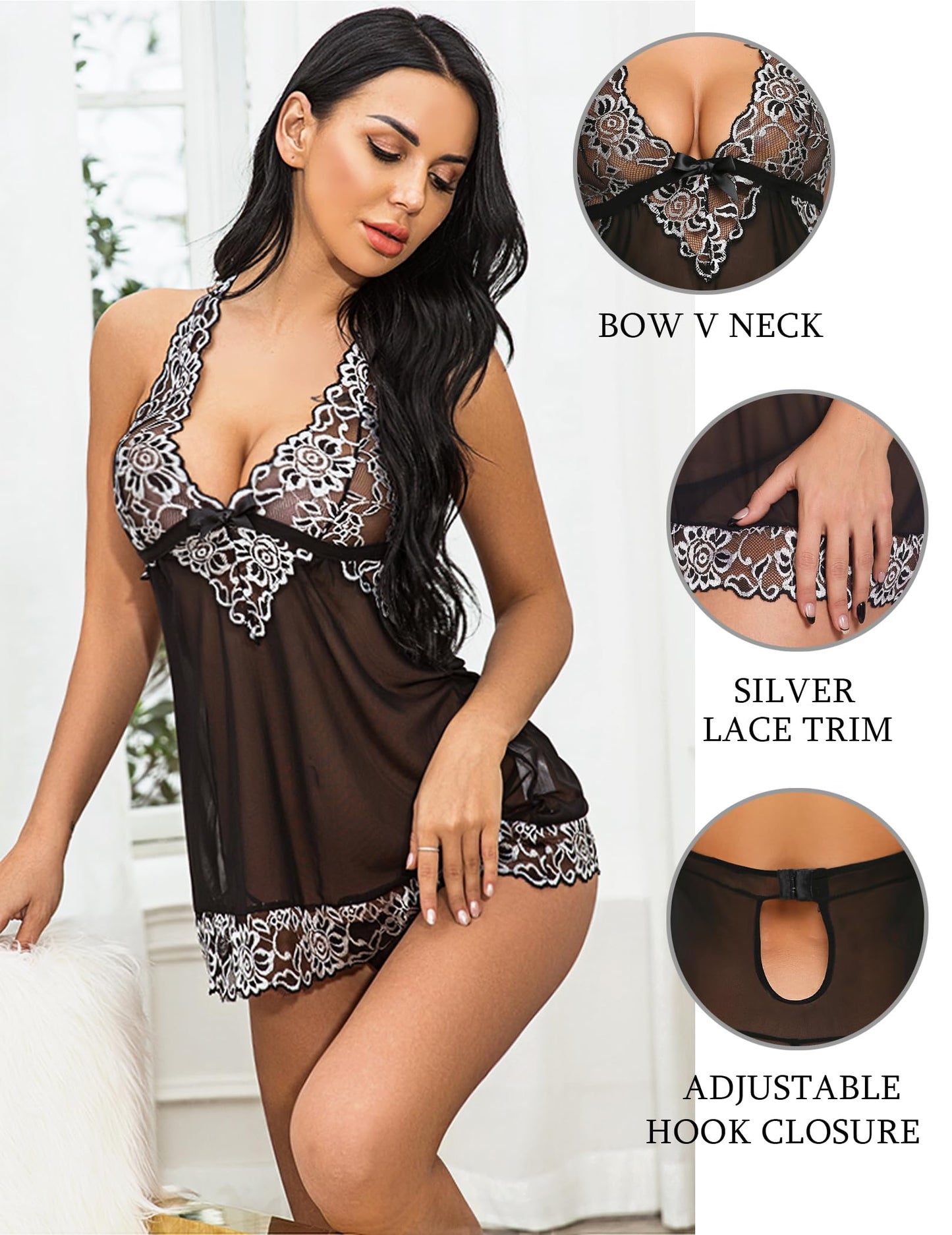 Avidlove Women V-Neck Lingerie Lace Babydoll Mesh Chemise Nightwear Outfits S-4XL