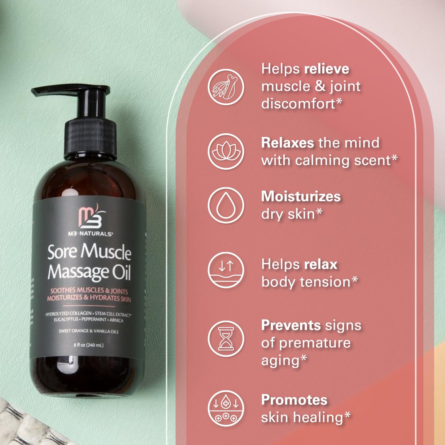 Anti Cellulite Massage Oil for Massage Therapy - Collagen and Stem Cell Skin Tightening Cellulite Cream for Women - 8 Fl Oz by M3 Naturals