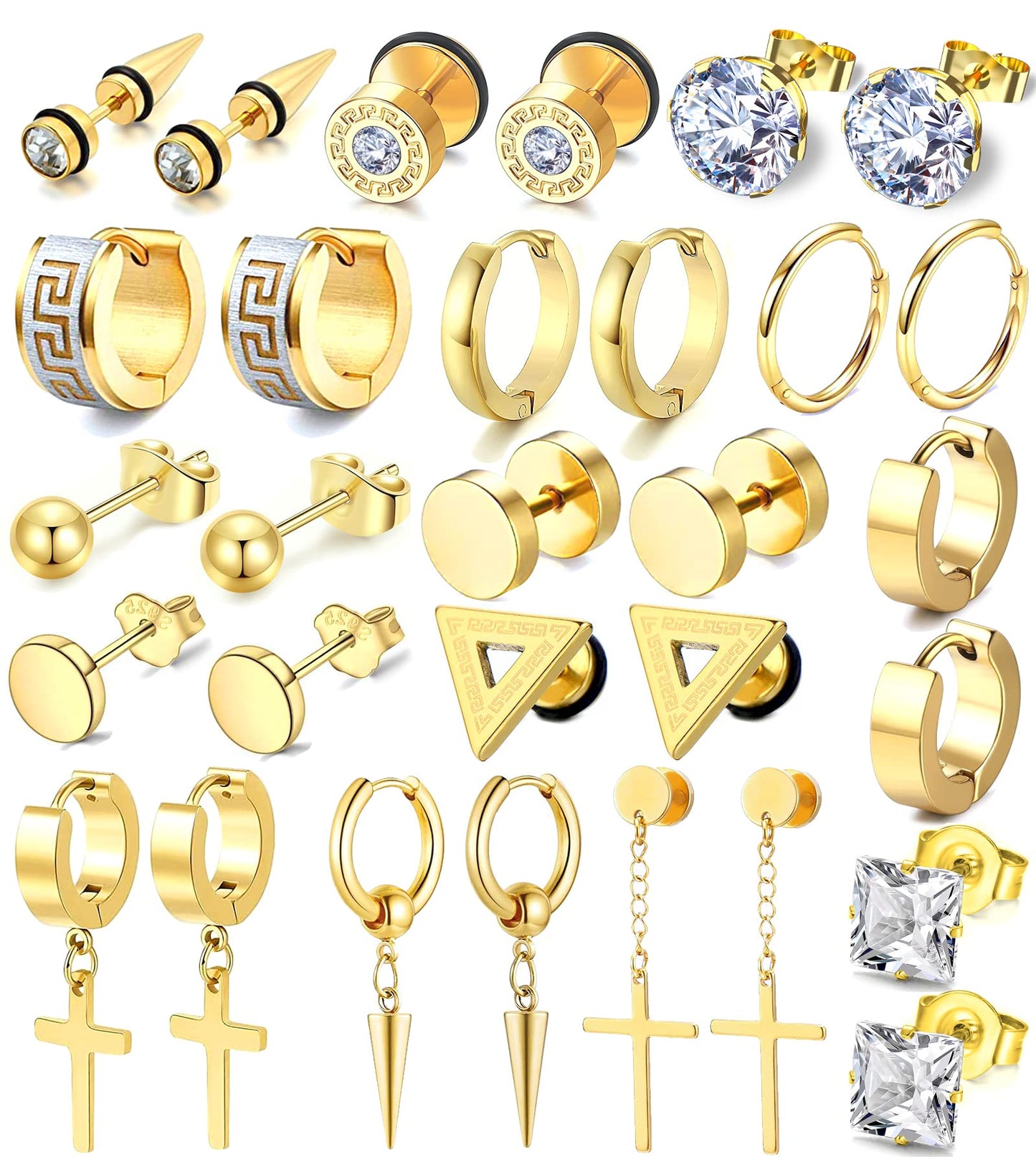 15 Pairs Earrings for Men, Stainless Steel Earrings Kit for Men and Women Fashion Piercing Jewelry Cross Dangle Hoop Earrings Set