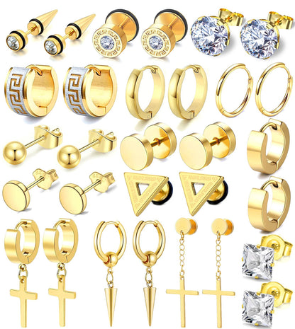 15 Pairs Earrings for Men, Stainless Steel Earrings Kit for Men and Women Fashion Piercing Jewelry Cross Dangle Hoop Earrings Set