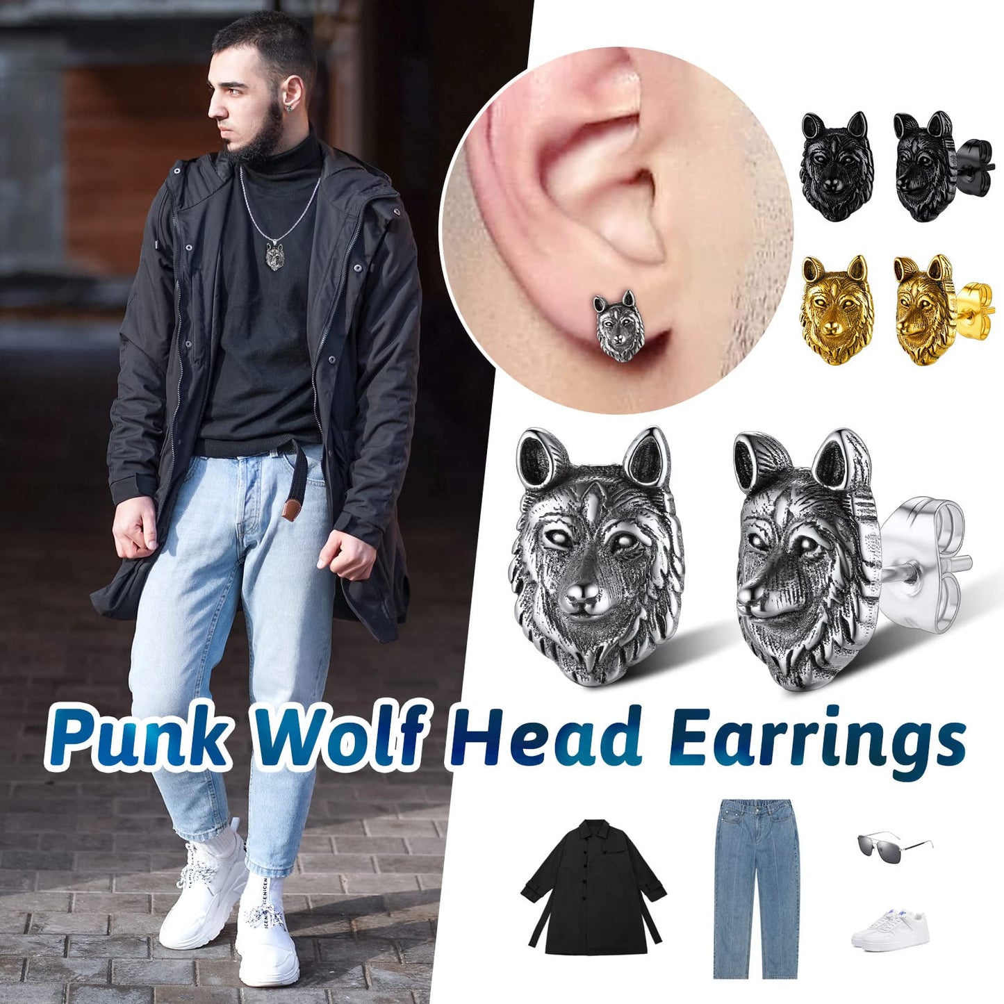 FaithHeart Norse Viking Jewelry Sterling Silver/Stainless Steel Stud Earrings Celtic Wolf/Thors Hammer Studs for Women Men