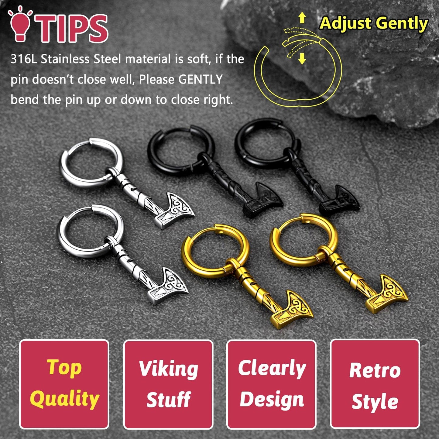 FaithHeart Viking Thors Hammer/Axe/Spear Head Earrings for Women Men Stainless Steel/18K Gold Plated Drop Earring Jewelry Gift Packaging