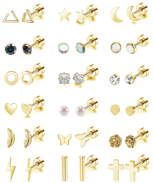18 Pairs Stainless Steel Stud Earrings Set for Women Men Star Moon flower Heart Leaf Opal 20G Cartilage Earrings Hypoallergenic Flatback Earrings Piercing Jewelry