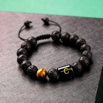 Initials Bracelets for Men Letter Link Handmade Natural Black Onyx Tiger Eye Stone Beads Braided Rope Meaningful Bracelet