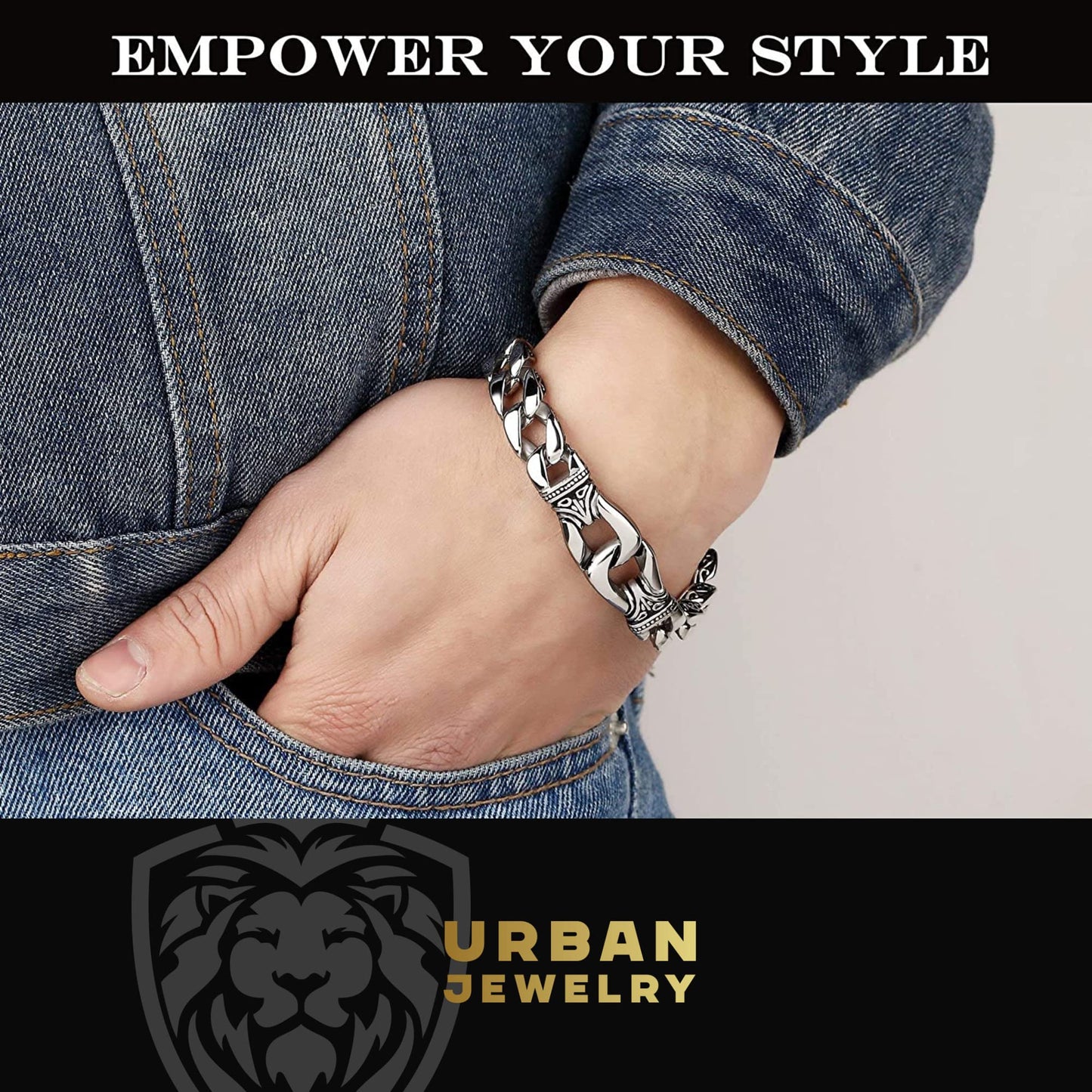 Urban Jewelry Amazing Stainless Steel Men's link Bracelet Silver Black 9 Inch with Necklace Option 21 inch (With Branded Gift Box)