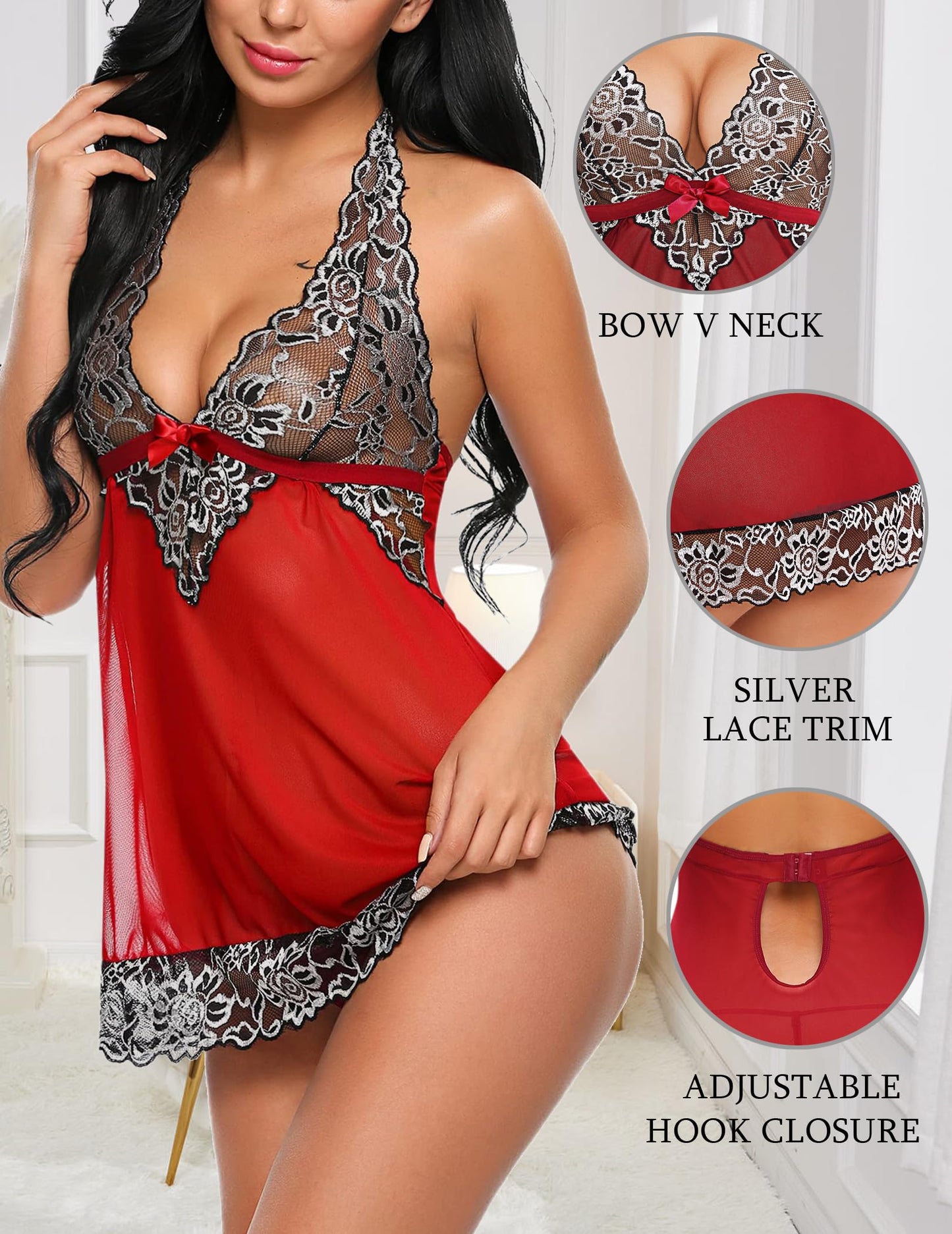 Avidlove Women V-Neck Lingerie Lace Babydoll Mesh Chemise Nightwear Outfits S-4XL