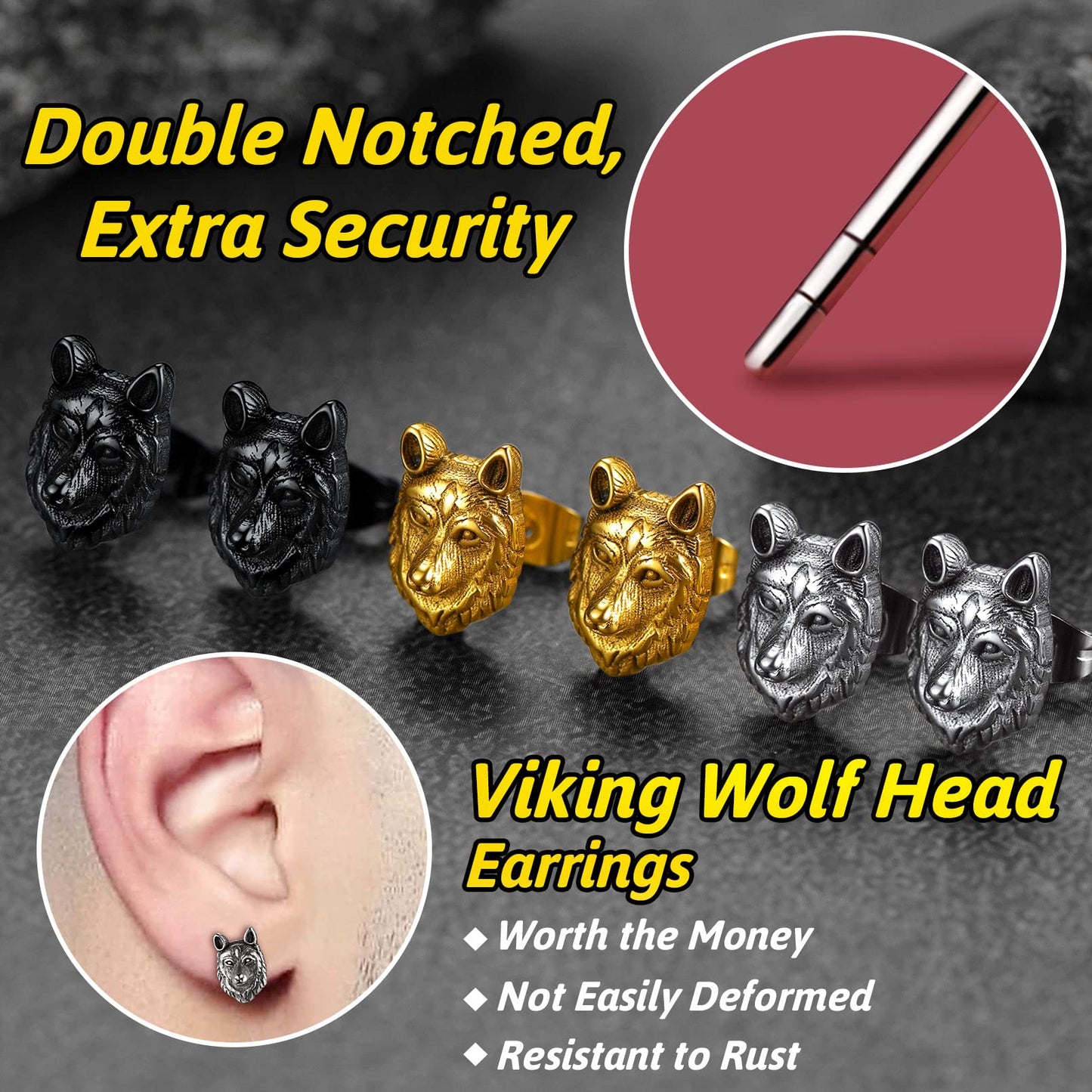 FaithHeart Norse Viking Jewelry Sterling Silver/Stainless Steel Stud Earrings Celtic Wolf/Thors Hammer Studs for Women Men