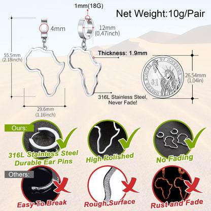 FaithHeart African Map Shaped Drop Earrings Stainless Steel/18K Gold Plated Statement Africa Jewelry Ear Charms for Women Teen Girls