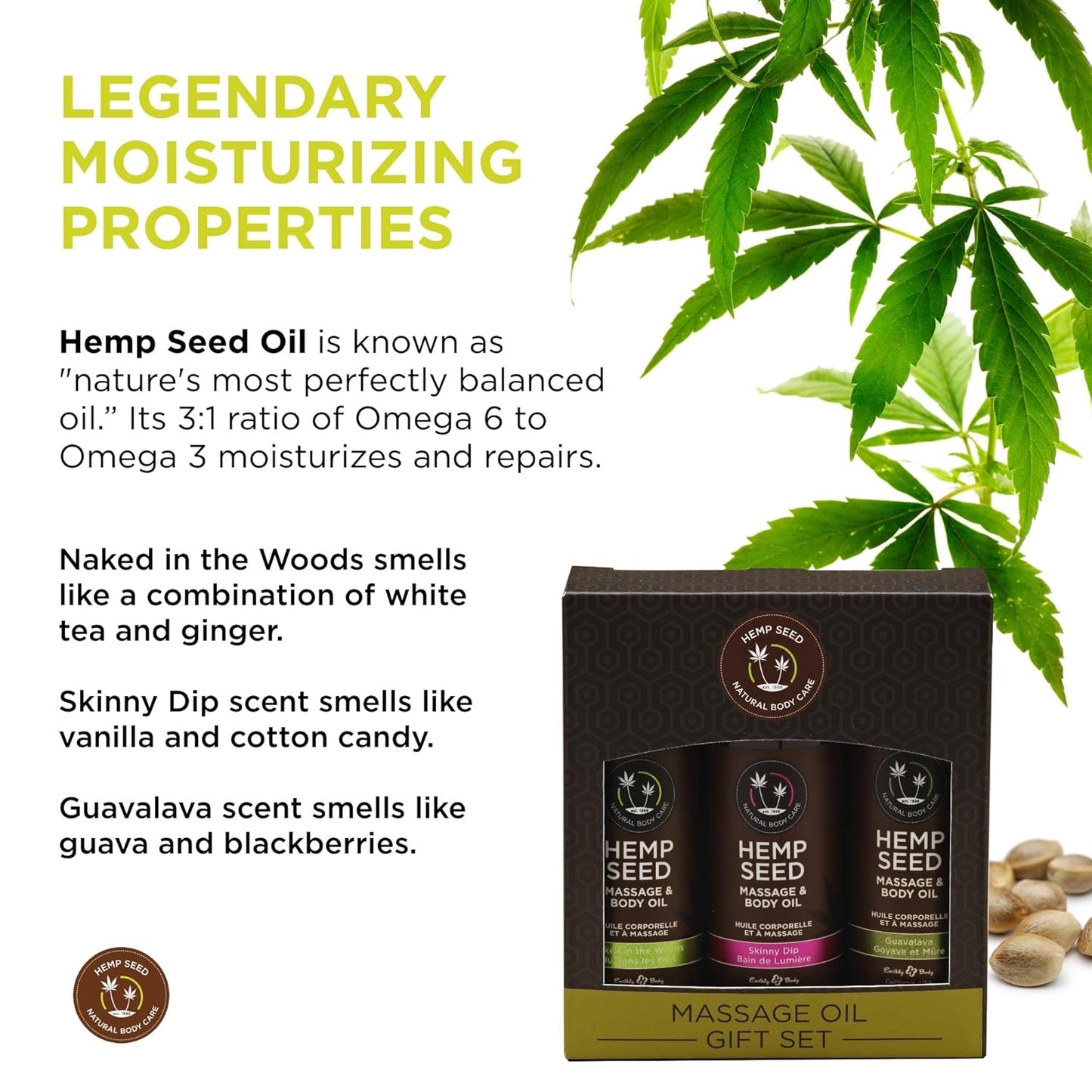 Hemp Seed Massage & Body Oil Gift Set - 2 oz Naked in The Woods, Skinny Dip & Guavalava Scents - with Hemp Seed, Apricot, Grapeseed & Sweet Almond Oil - Vegan & Cruelty Free