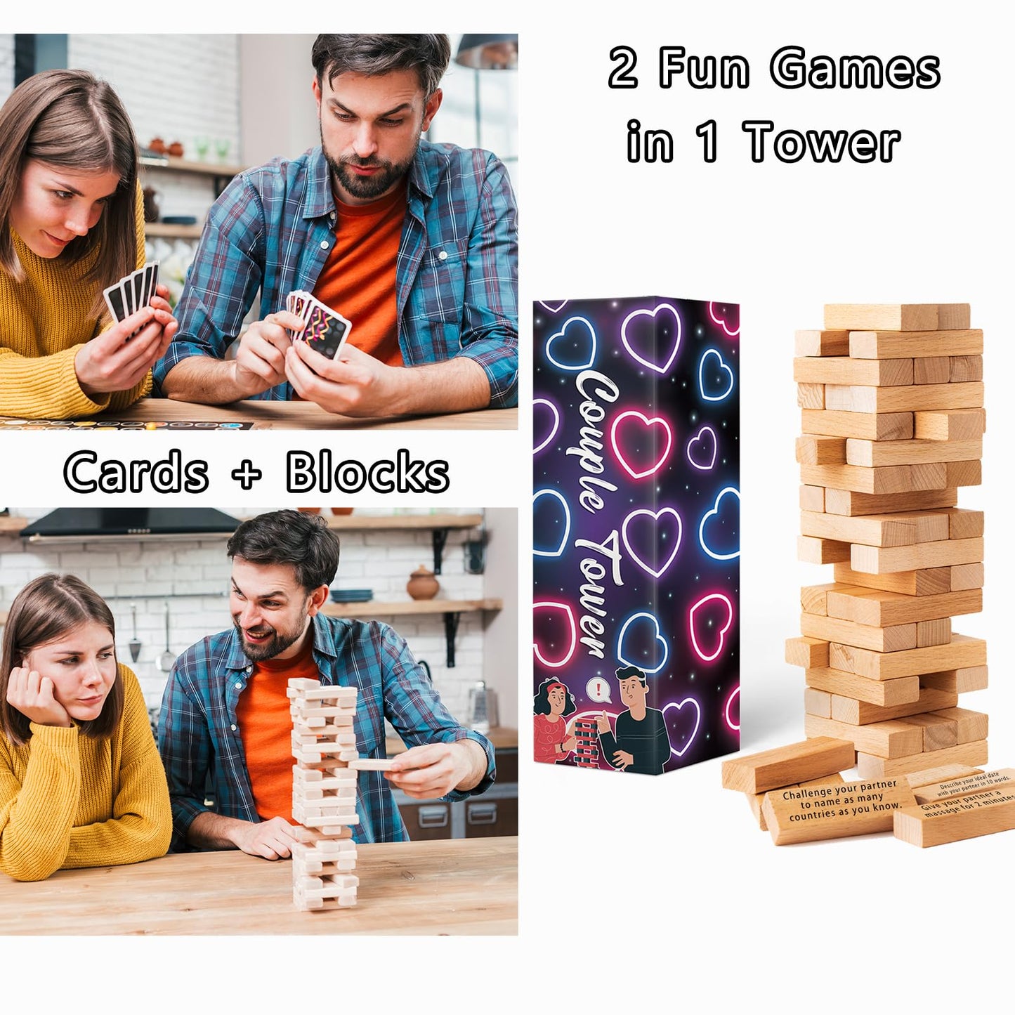 2024 Fun Valentine's Day Gift - 54 Fun Stacking Blocks for Couples, Romantic Couples' Game: Talking, Flirting, Challenge for Date Night Anniversary