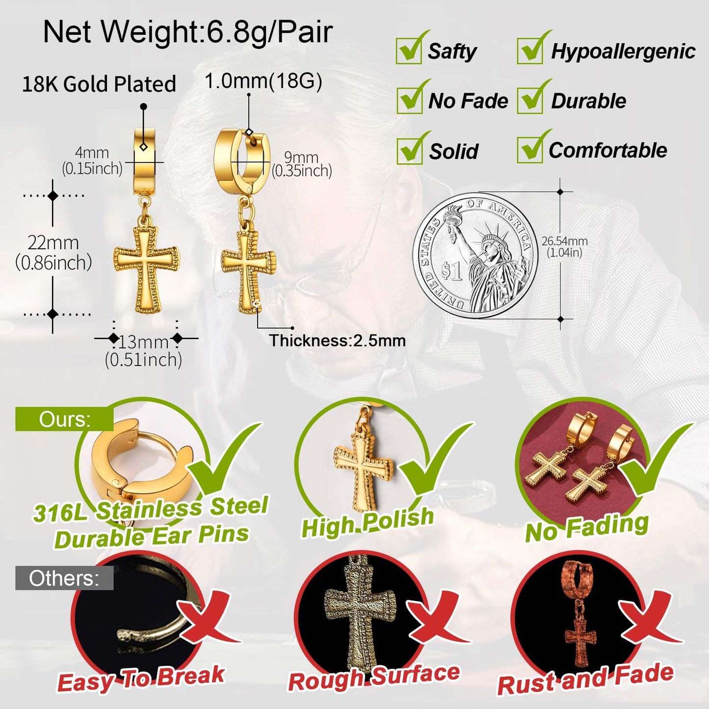 FaithHeart Huggie Hoop Earrings for Women-Stainless Steel/18K Gold Plated Dangling Drop Earring Ankh/Cross/Padlock/Italian Horn/Eye/Key Hoops Jewelry