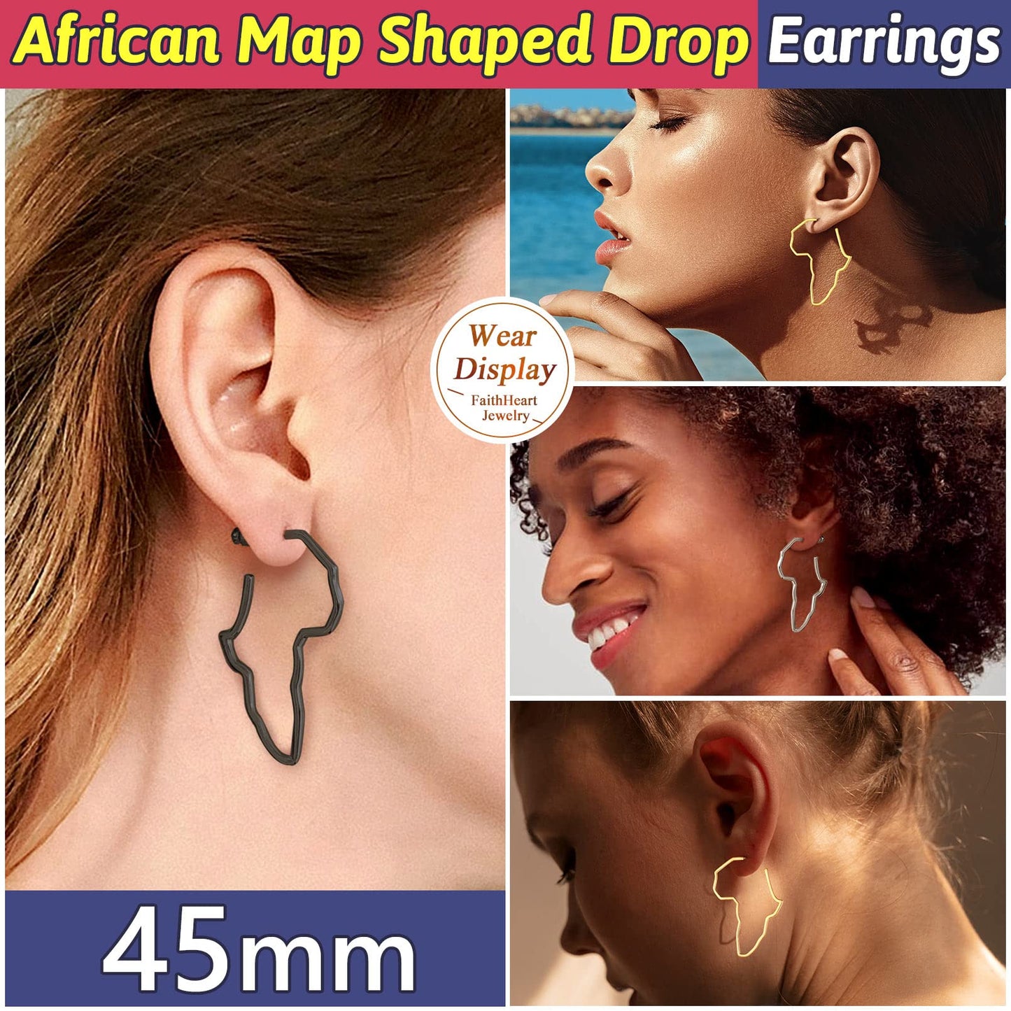 FaithHeart African Map Shaped Drop Earrings Stainless Steel/18K Gold Plated Statement Africa Jewelry Ear Charms for Women Teen Girls