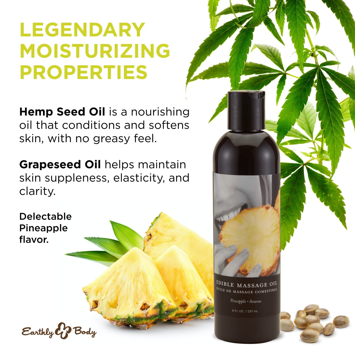 Earthly Body Edible Massage Oil - Hemp Seed, Almond, Grapeseed, Apricot & Vitamin E Oil - Vegan & Cruelty Free